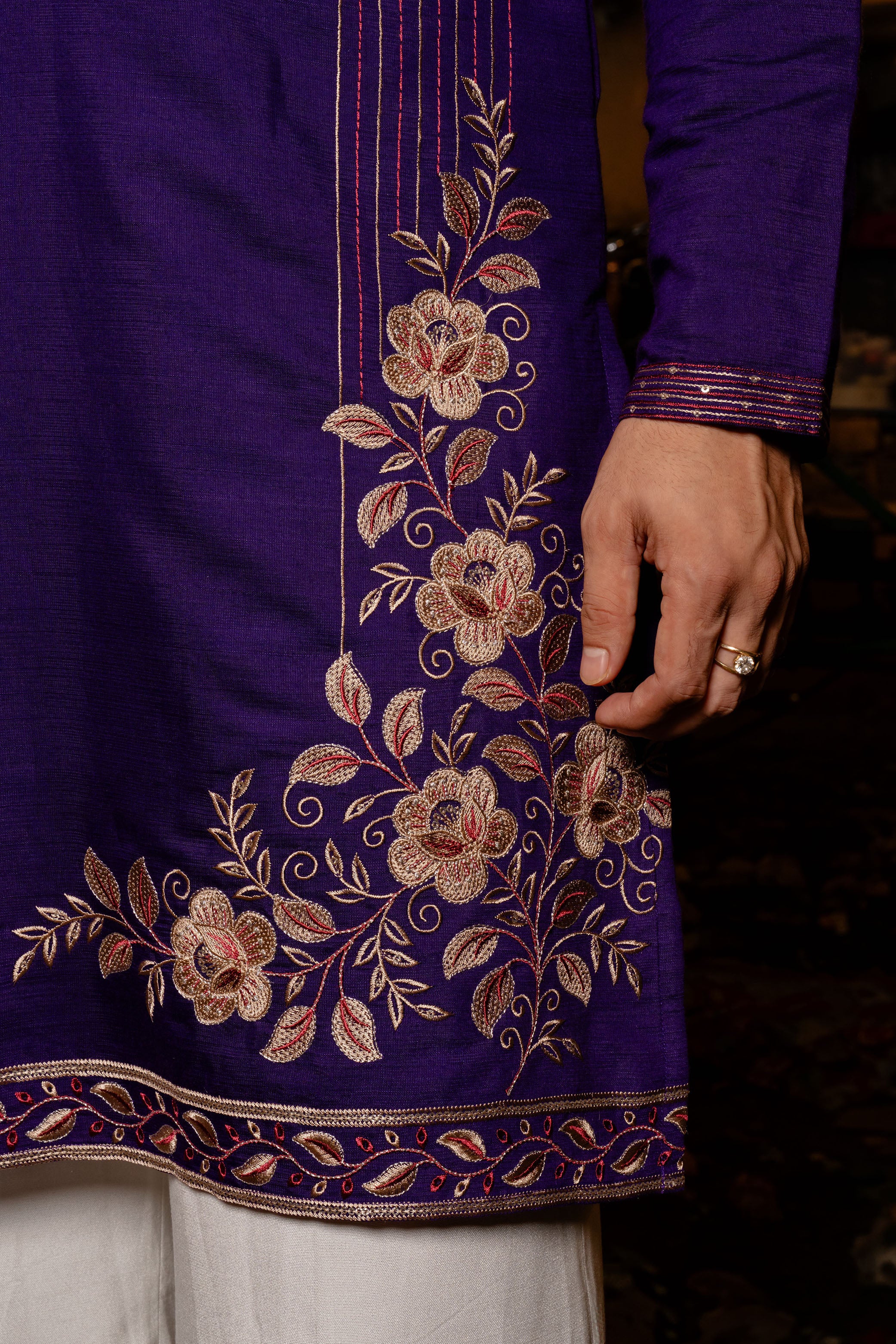 Deep Purple Silk Kurta with Resham Embroidery