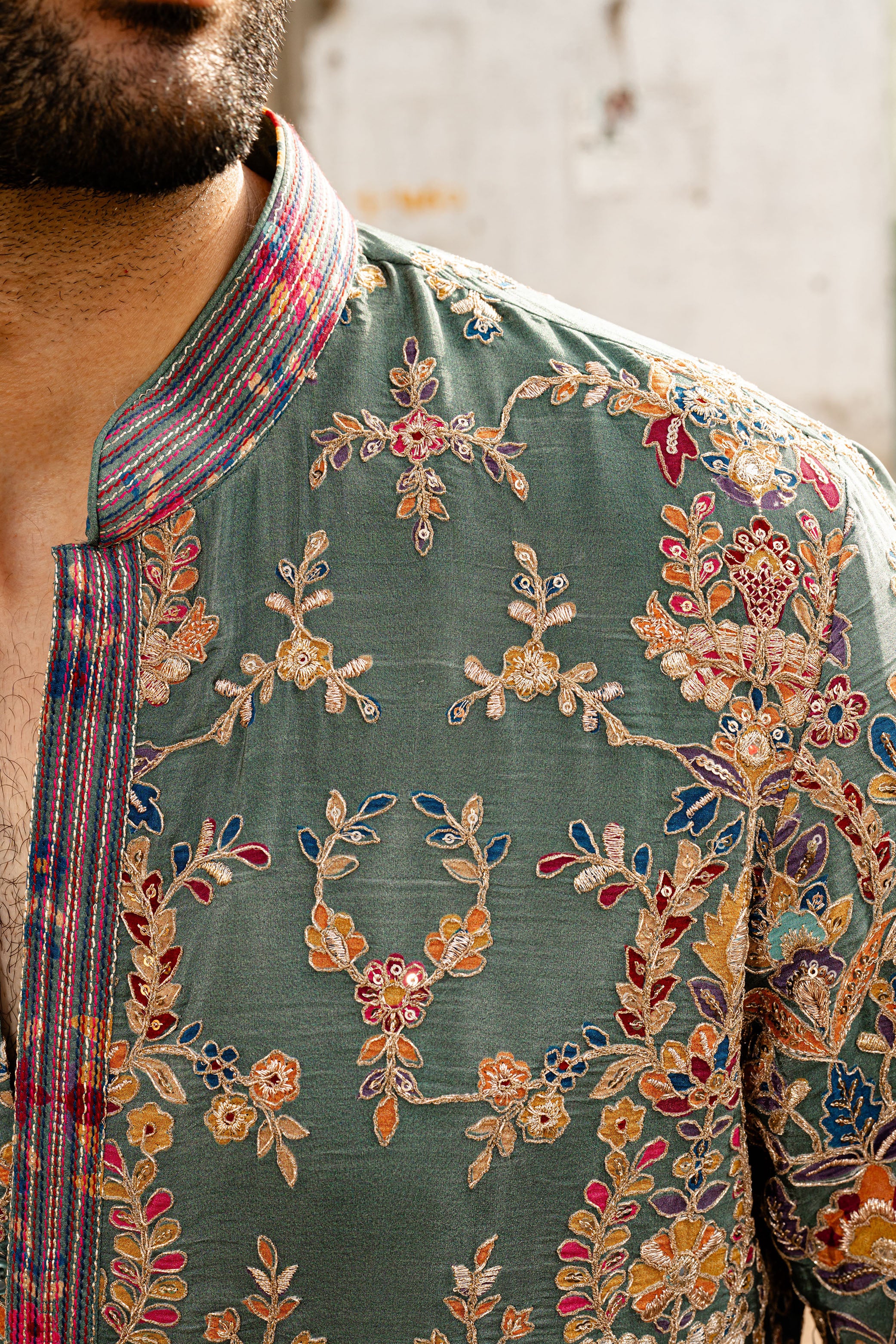 Sage Green Tissue Silk Kurta with Aari Resham Sequence Work