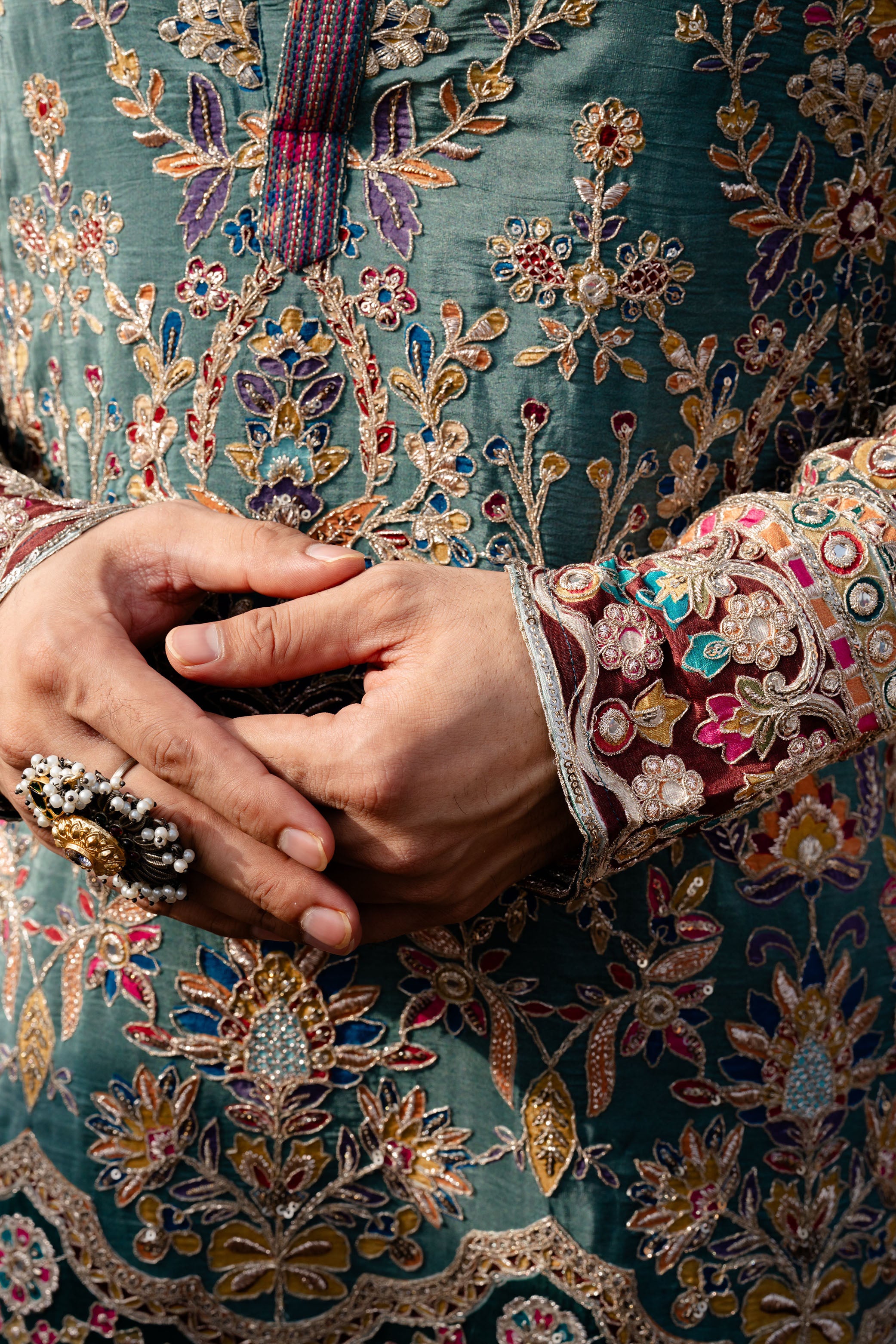 Sage Green Tissue Silk Kurta with Aari Resham Sequence Work
