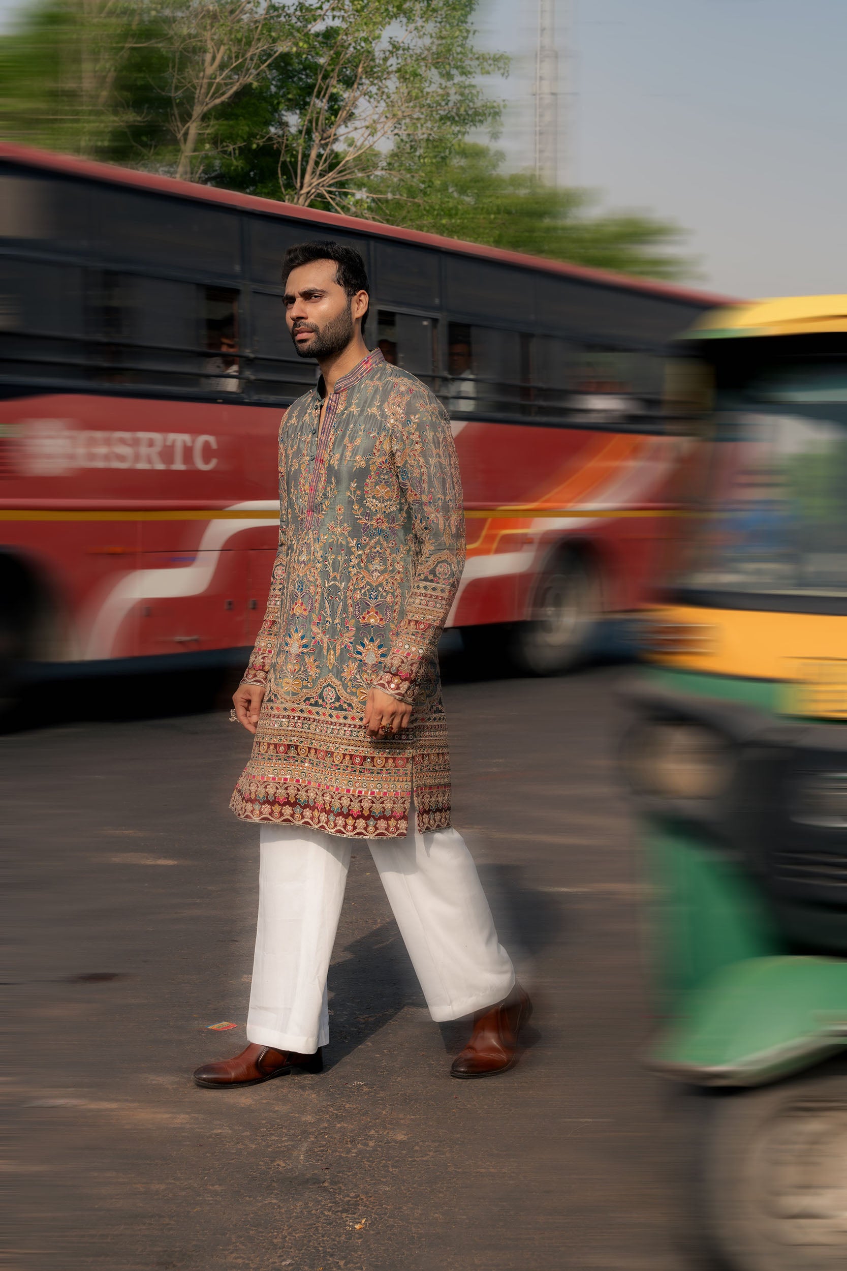 Sage Green Tissue Silk Kurta with Aari Resham Sequence Work