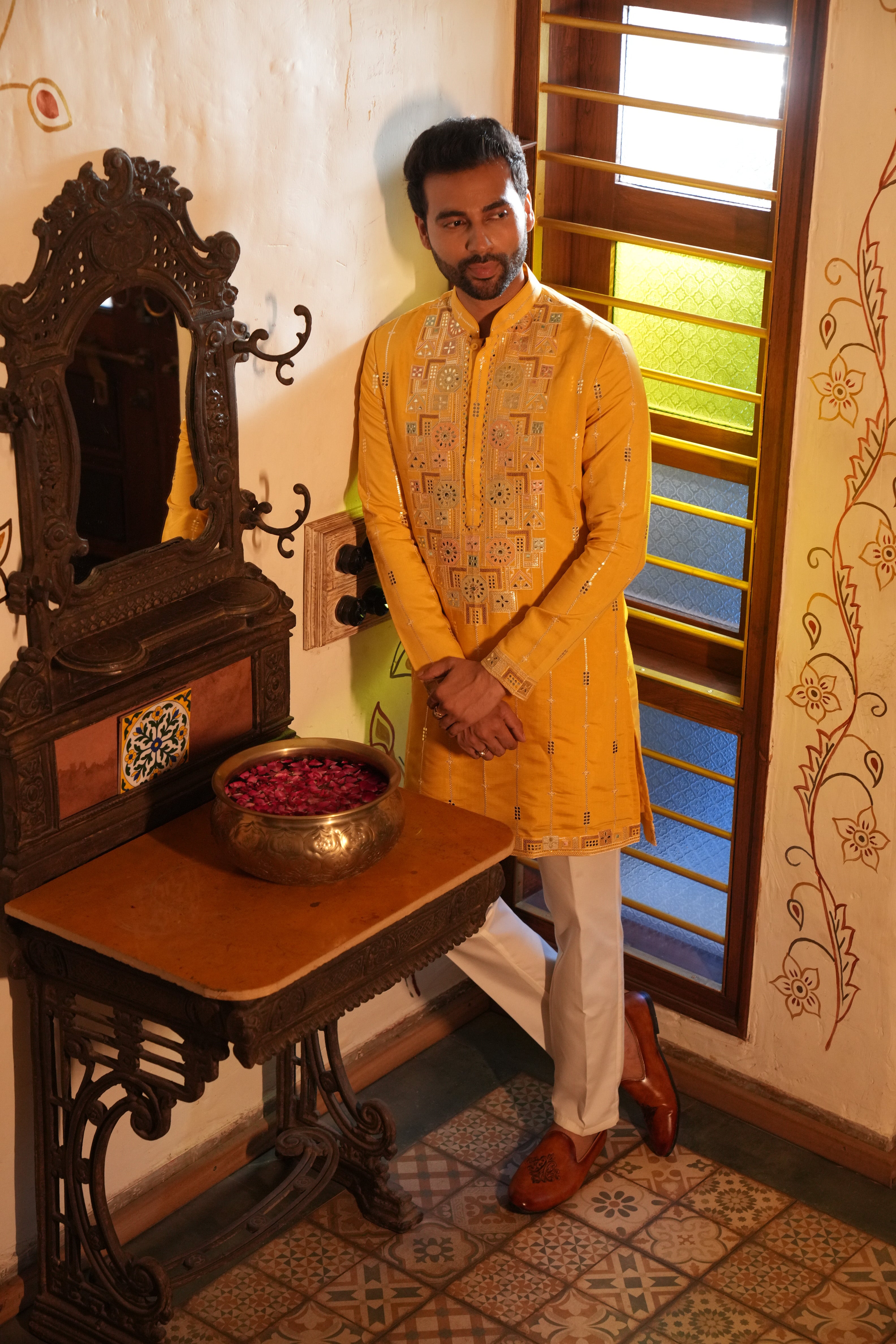 Mustard Yellow Kurta with Mirror, Sequence & Resham Work
