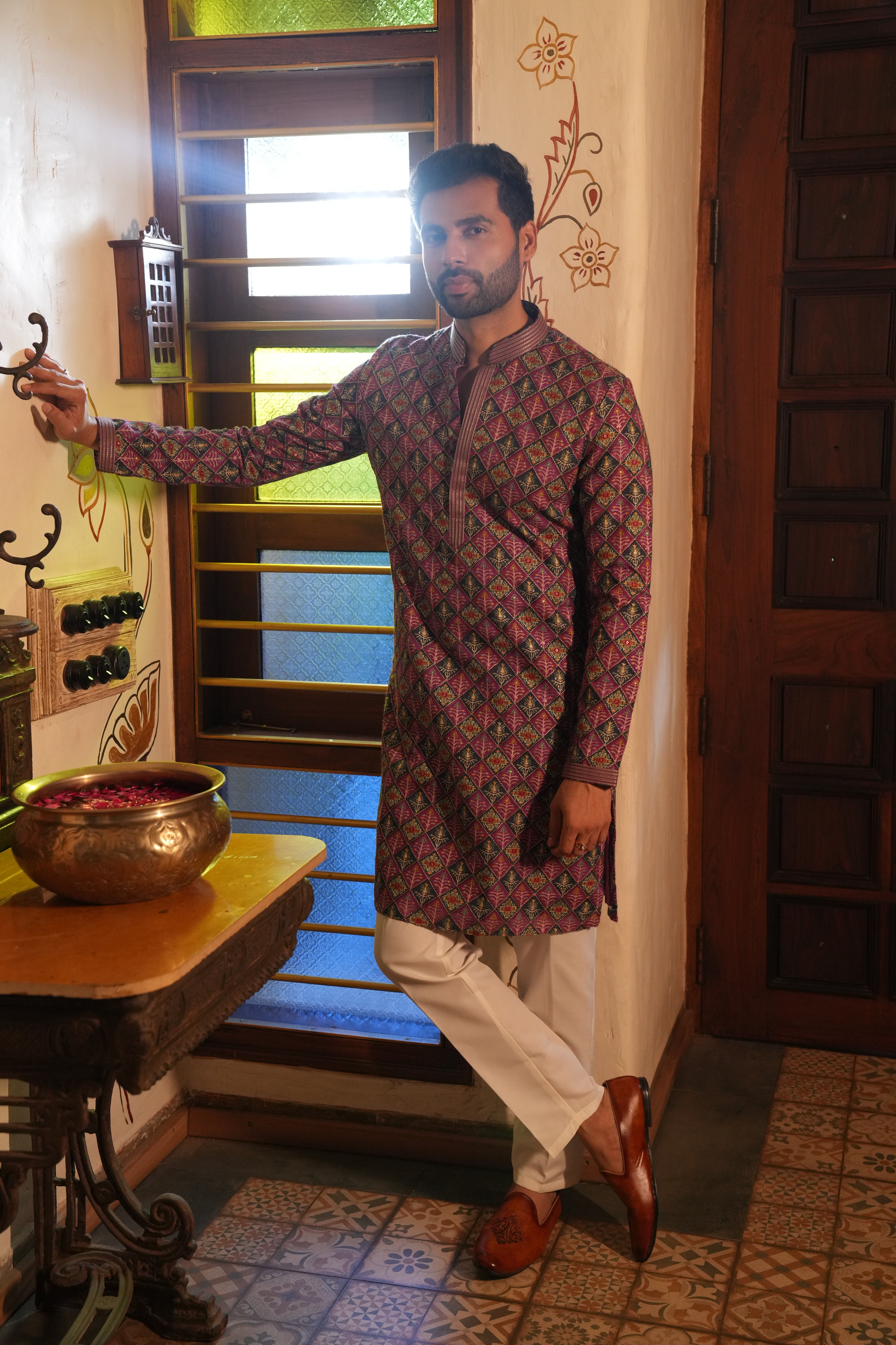 Purple Mal Silk Kurta with Elegant Resham Work