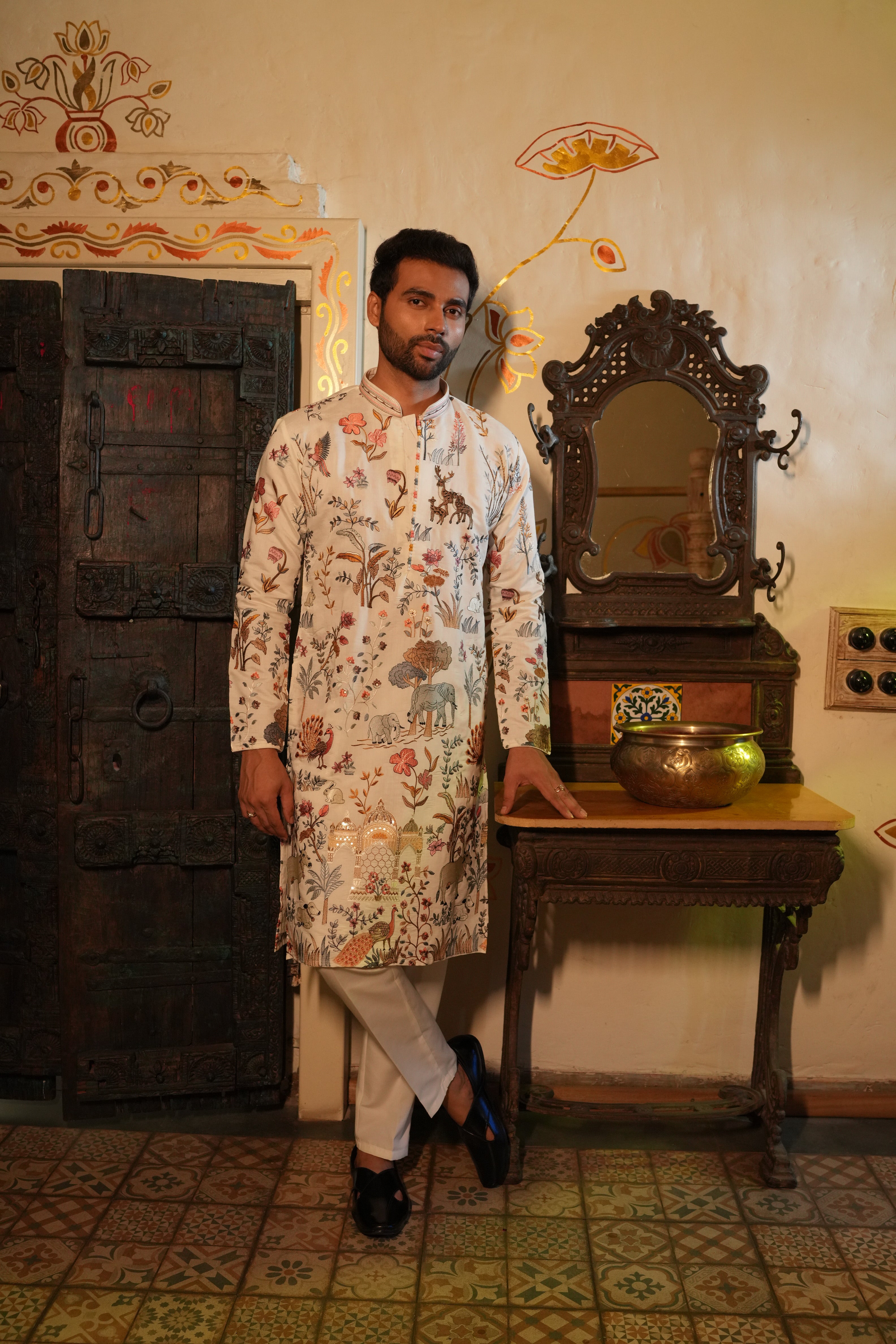 Ivory Multicolour Pure Silk Kurta with Resham Embroidery