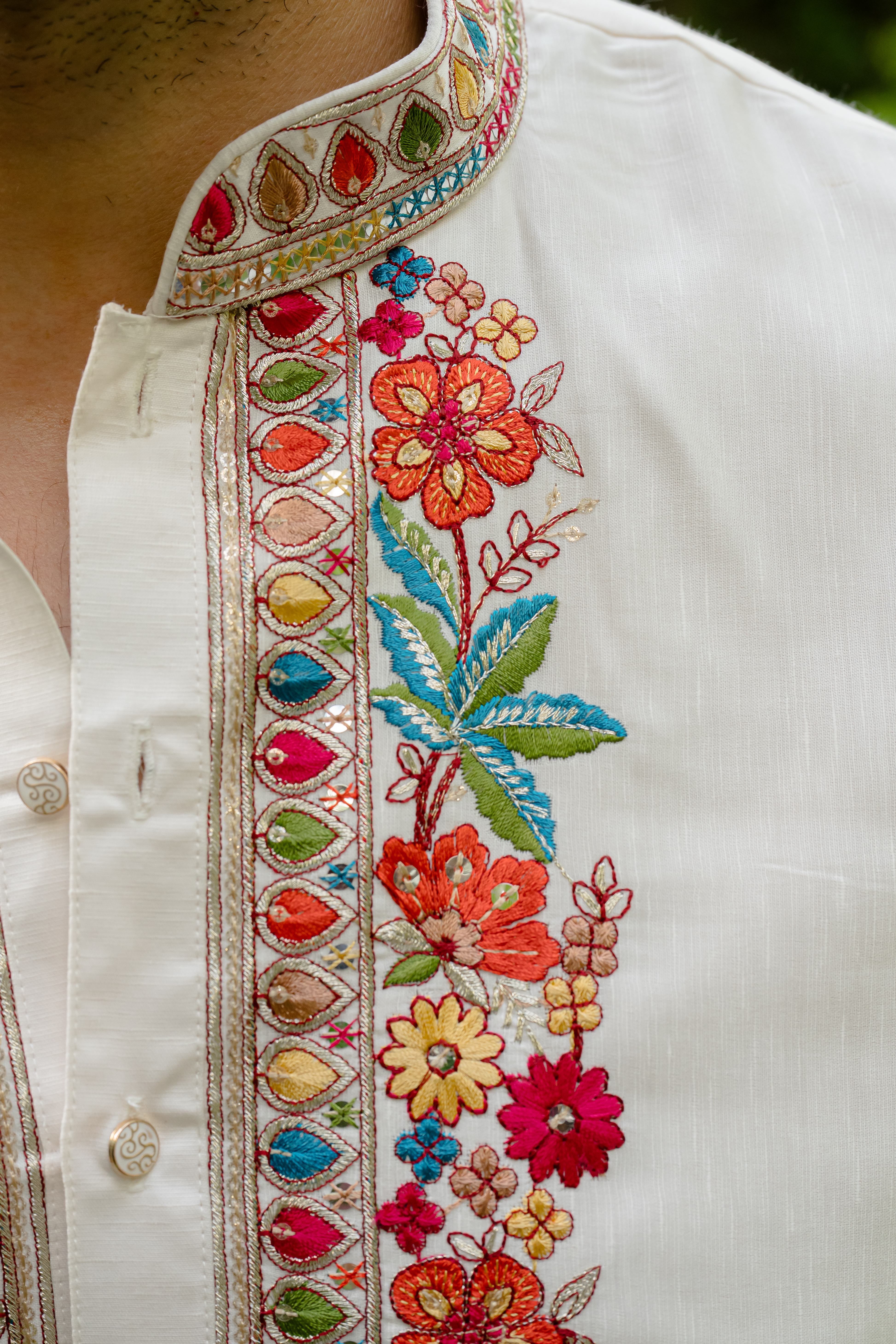 Ivory Pure Silk Kurta with Multicolour Resham & Sequins Work
