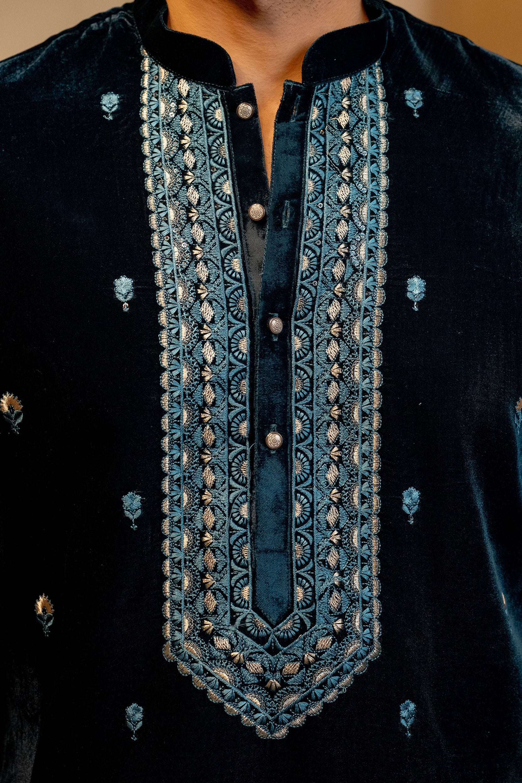 Teal Blue Velvet Kurta with Resham & Sequence Embroidery Work