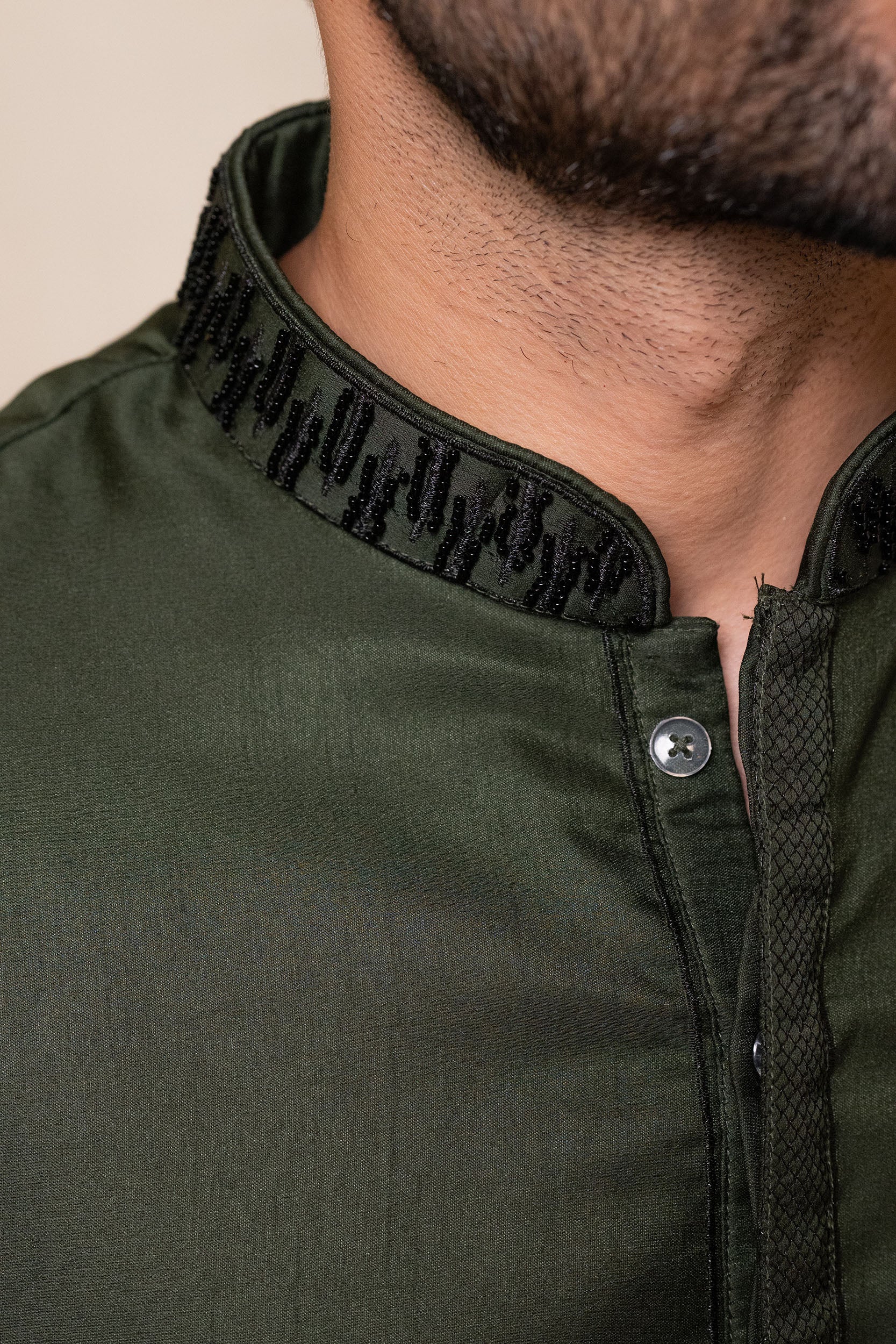 Bottle Green Karan Silk Kurta with Cutdana & Bead Work