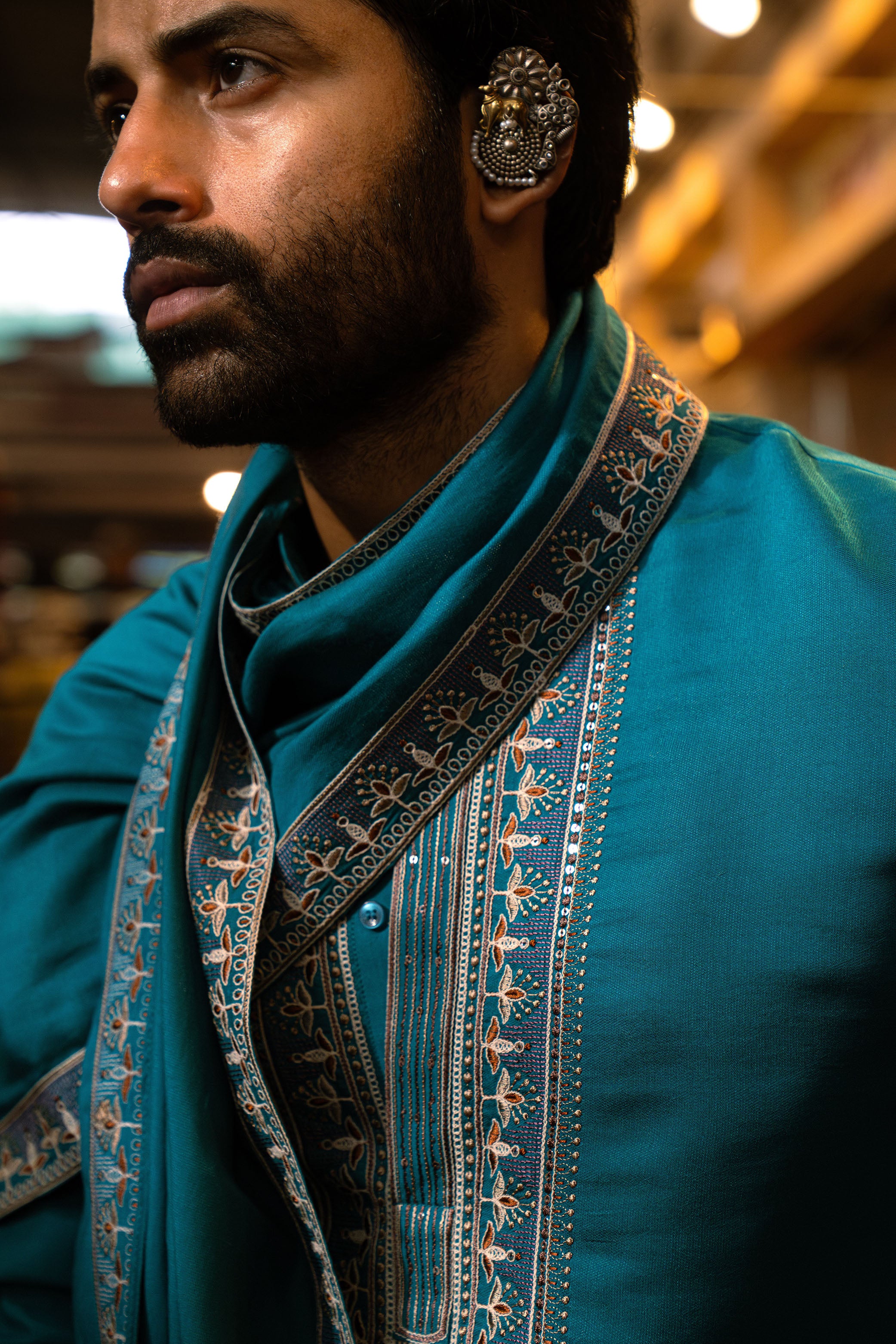 Firozi Blue Art Silk Kurta Set with Resham Embroidery Work