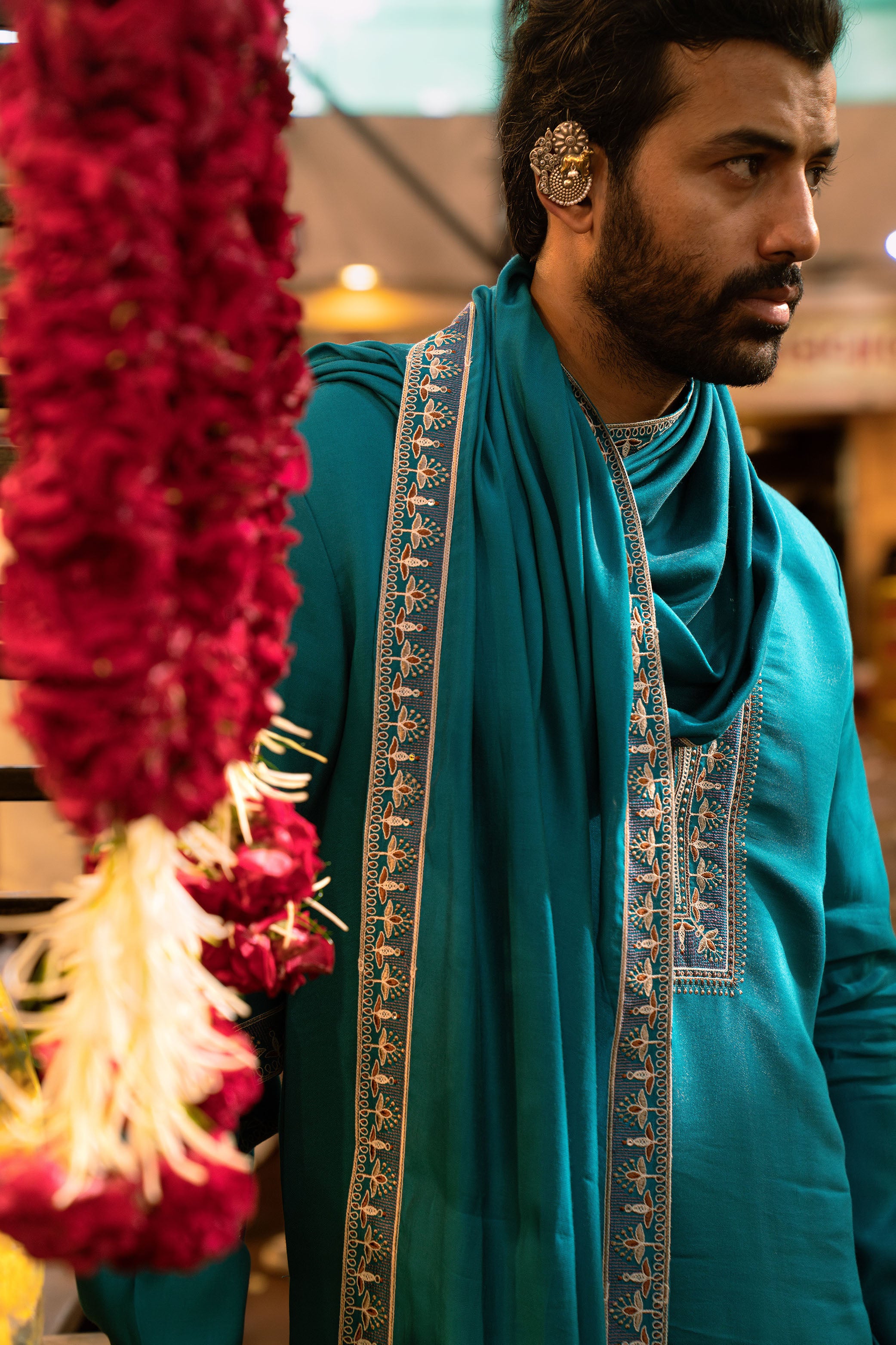 Firozi Blue Art Silk Kurta Set with Resham Embroidery Work