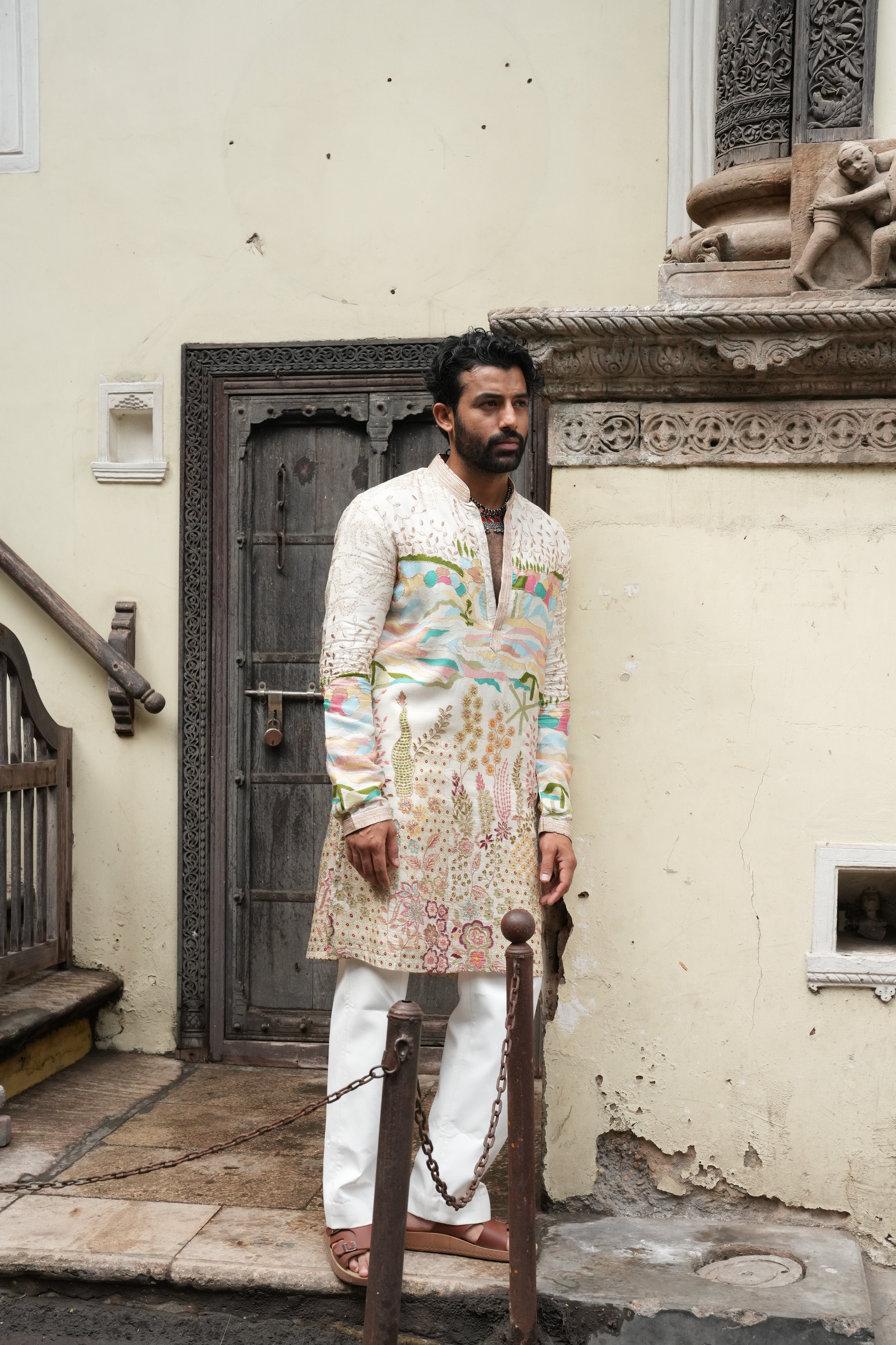 Ivory Kurta Set with Multicolour Resham, Kasab & Sequins Work
