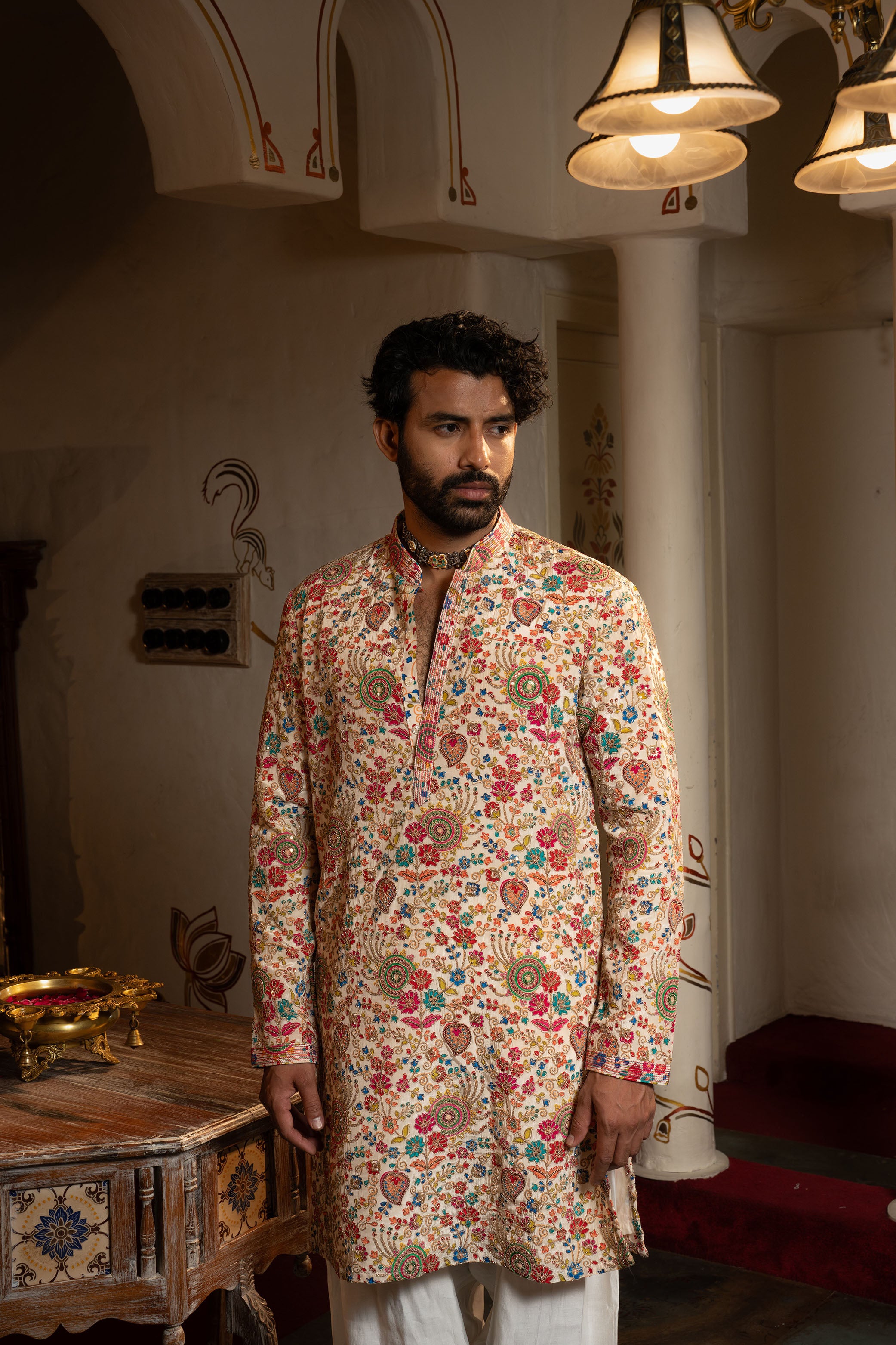 Ivory Sherwani with Resham, Aari & Sequence Work