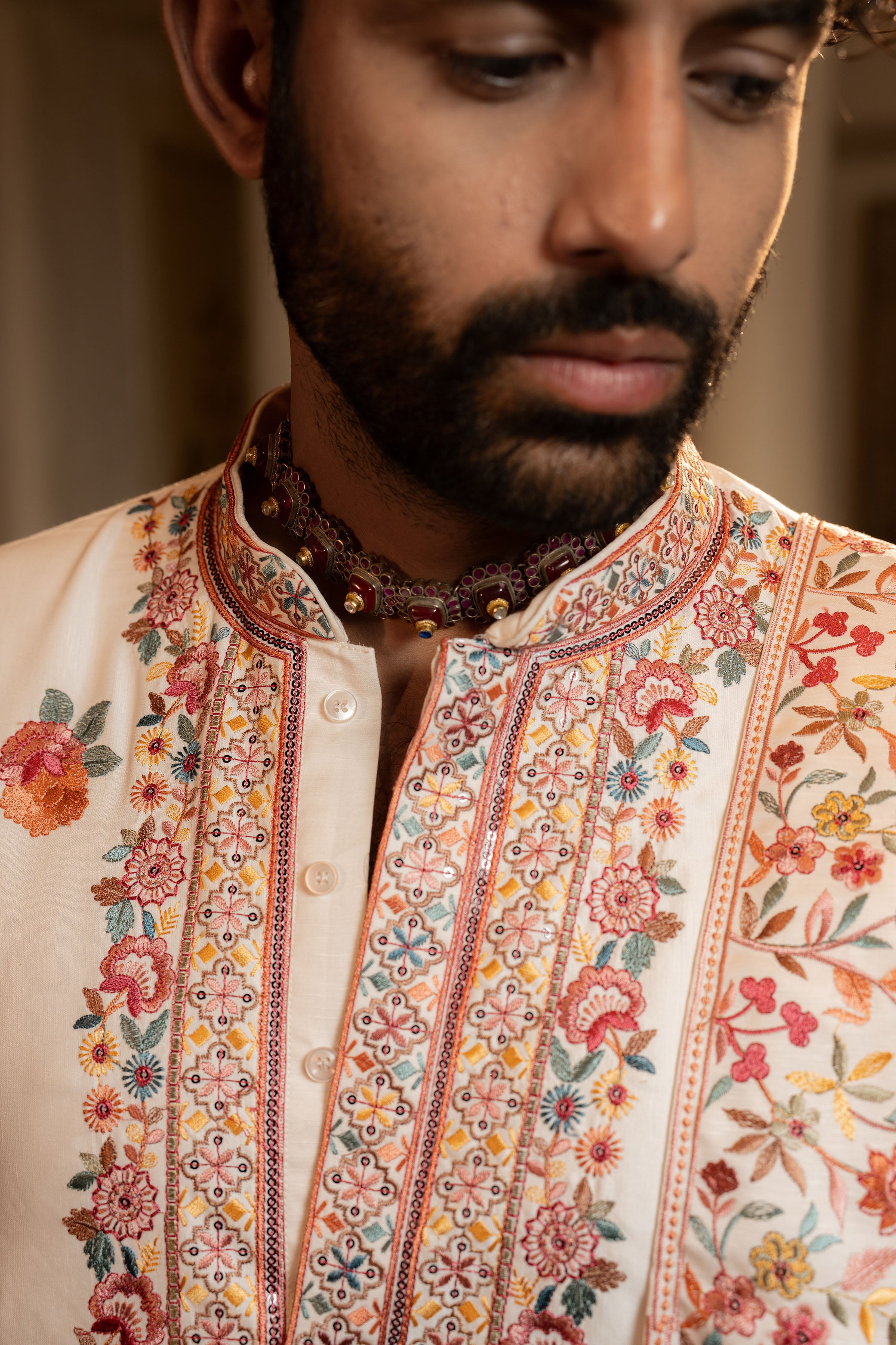 Powder Peach Kurta Set with Multi-Colour Resham & Sequence Work