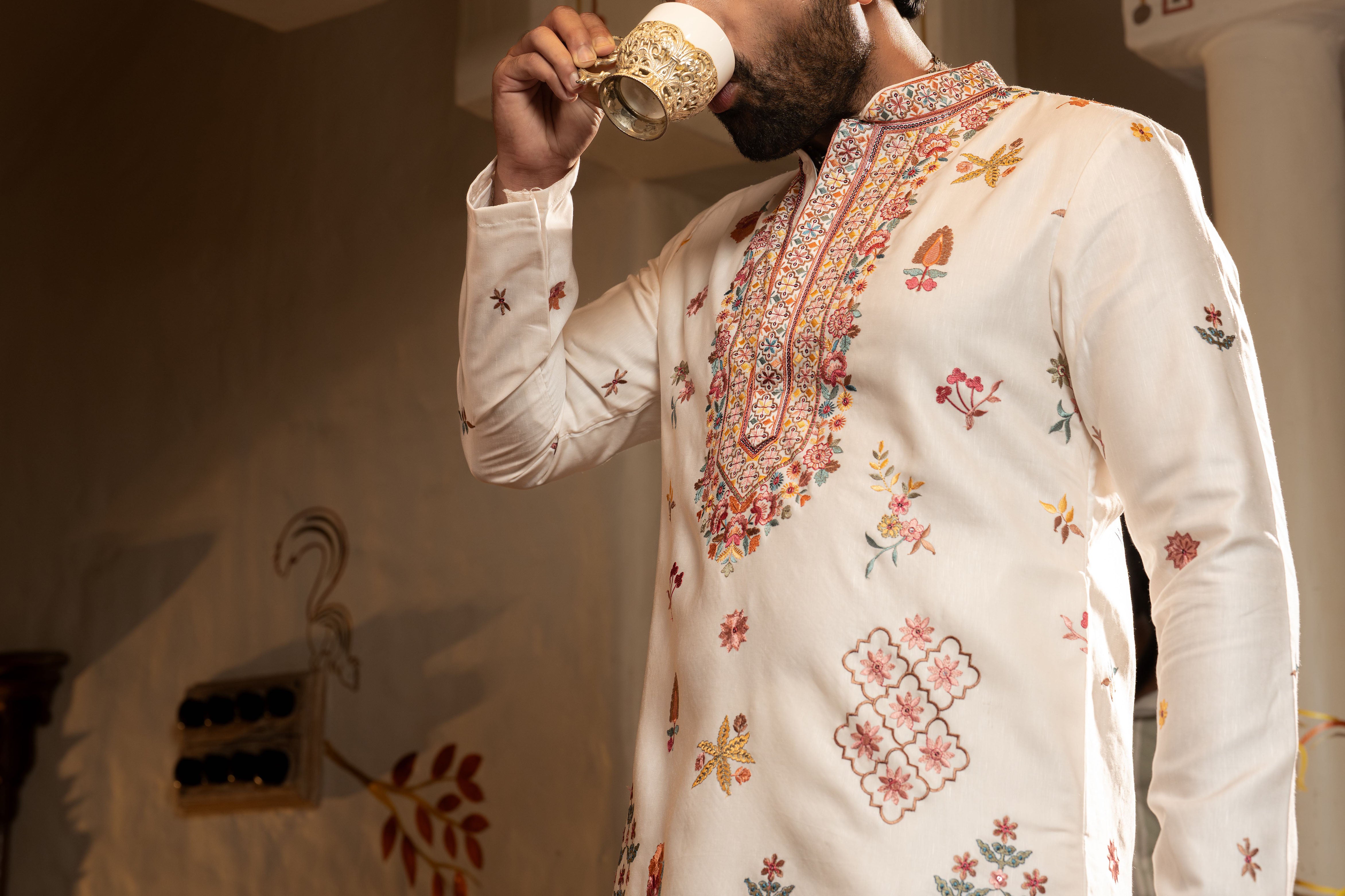 Powder Peach Kurta Set with Multi-Colour Resham & Sequence Work