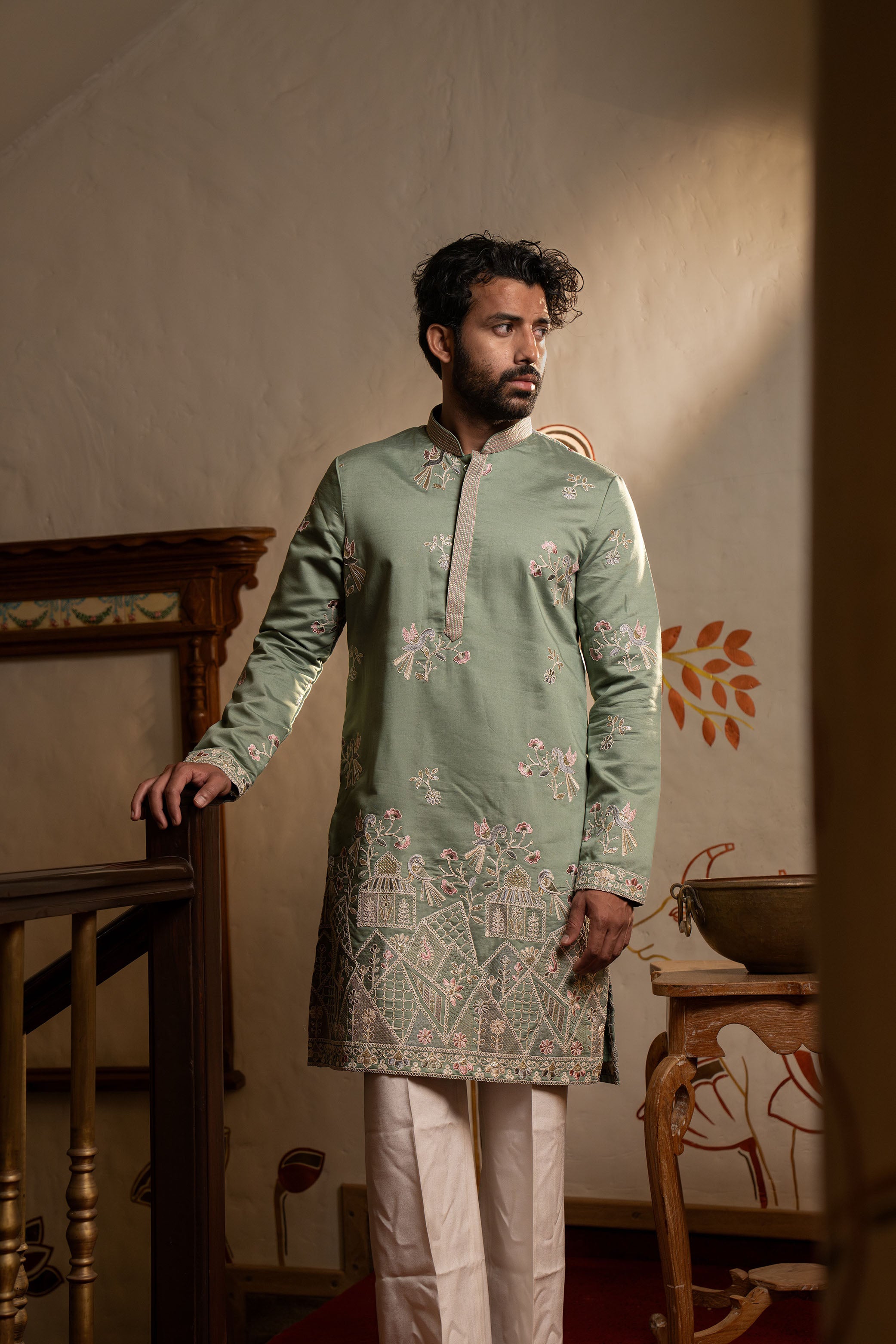 Mint Green Pure Silk Kurta with Resham Thread & Sequence Work