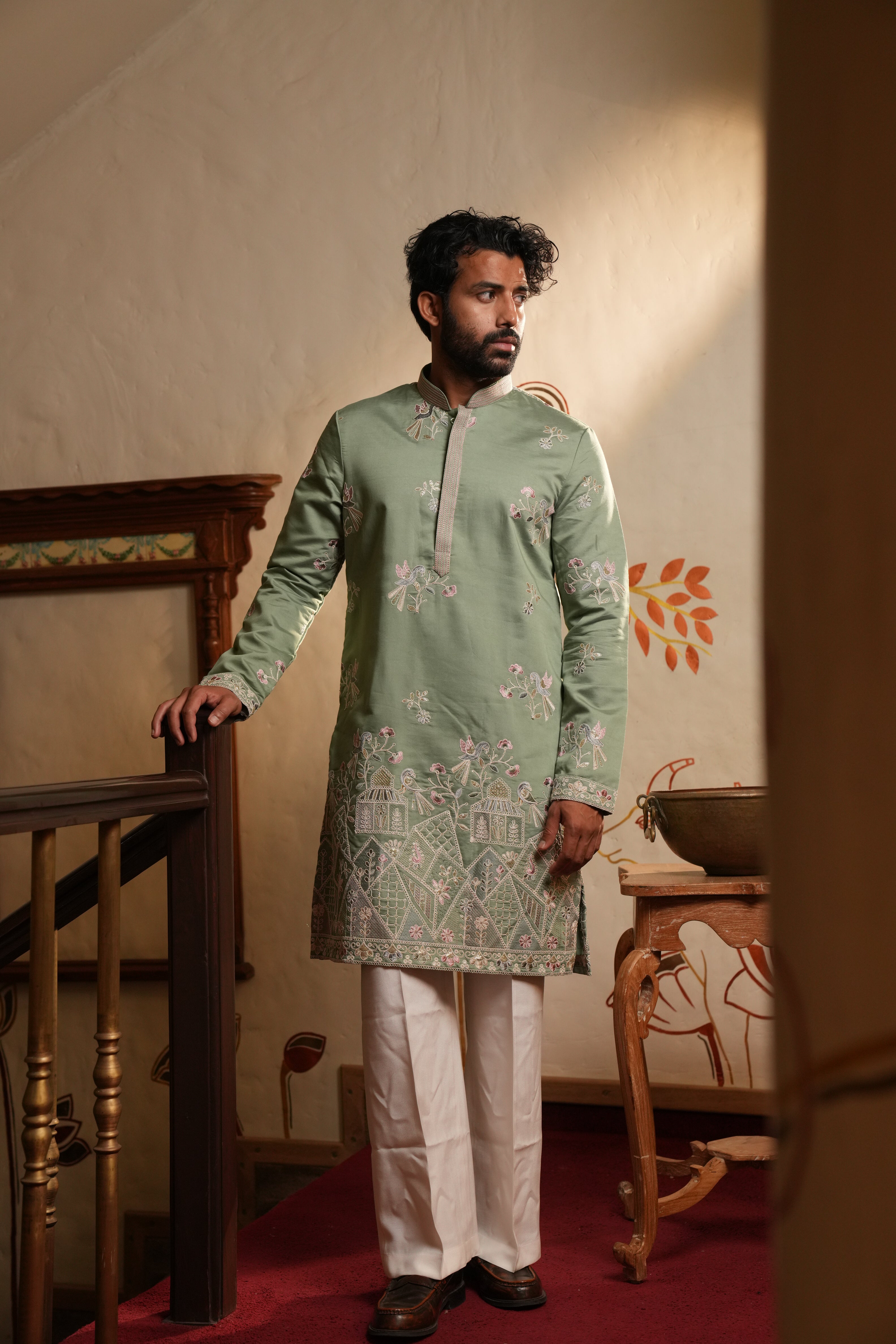 Mint Green Pure Silk Kurta with Resham Thread & Sequence Work