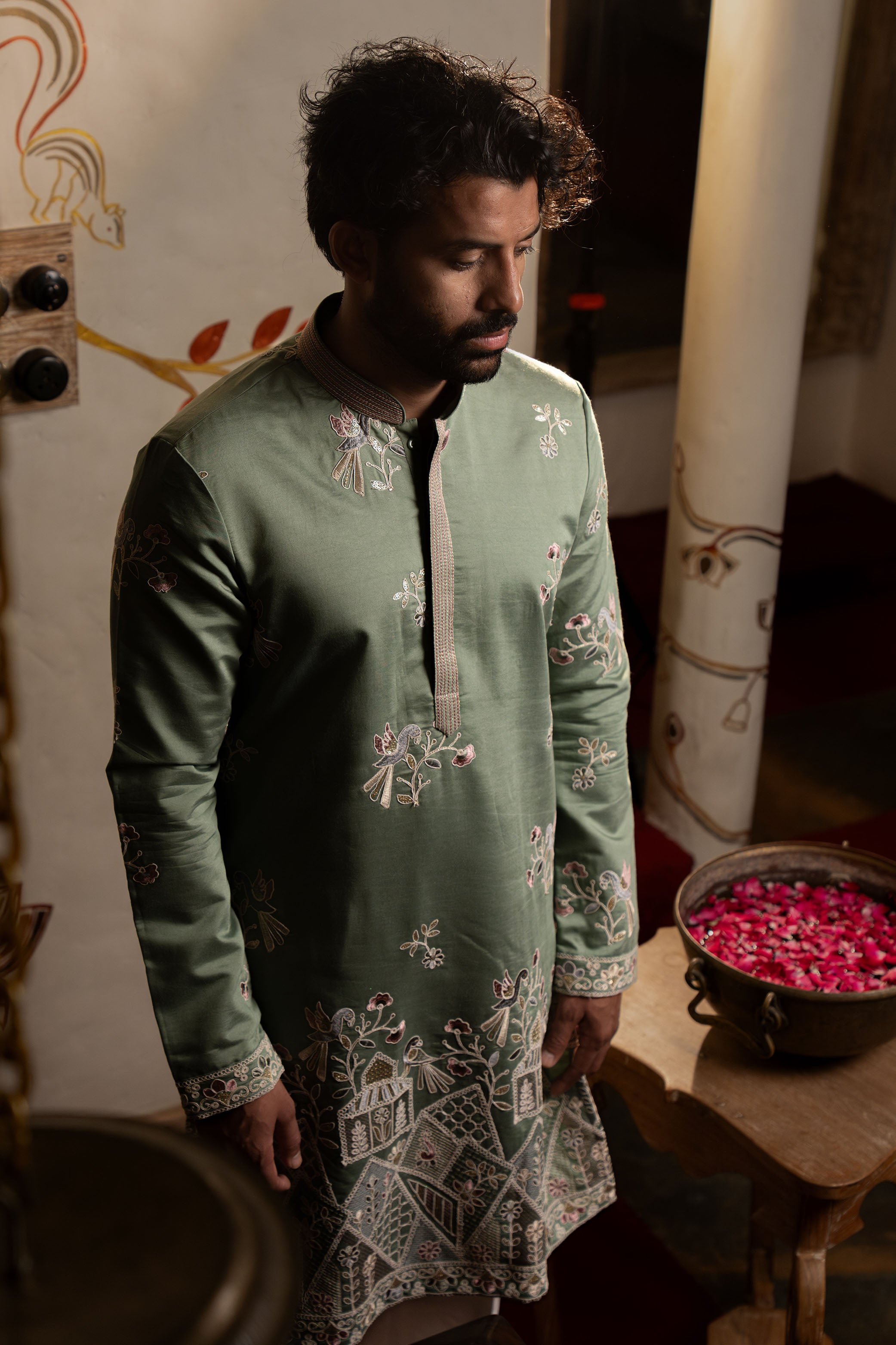Mint Green Pure Silk Kurta with Resham Thread & Sequence Work