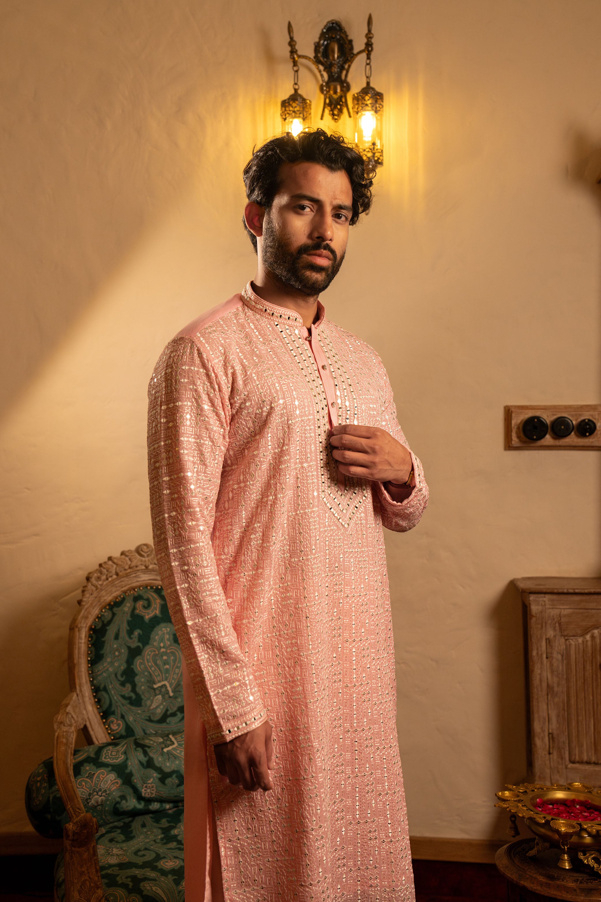 Pastel Pink Georgette Silk Kurta with Mirror Work & Resham Embroidery