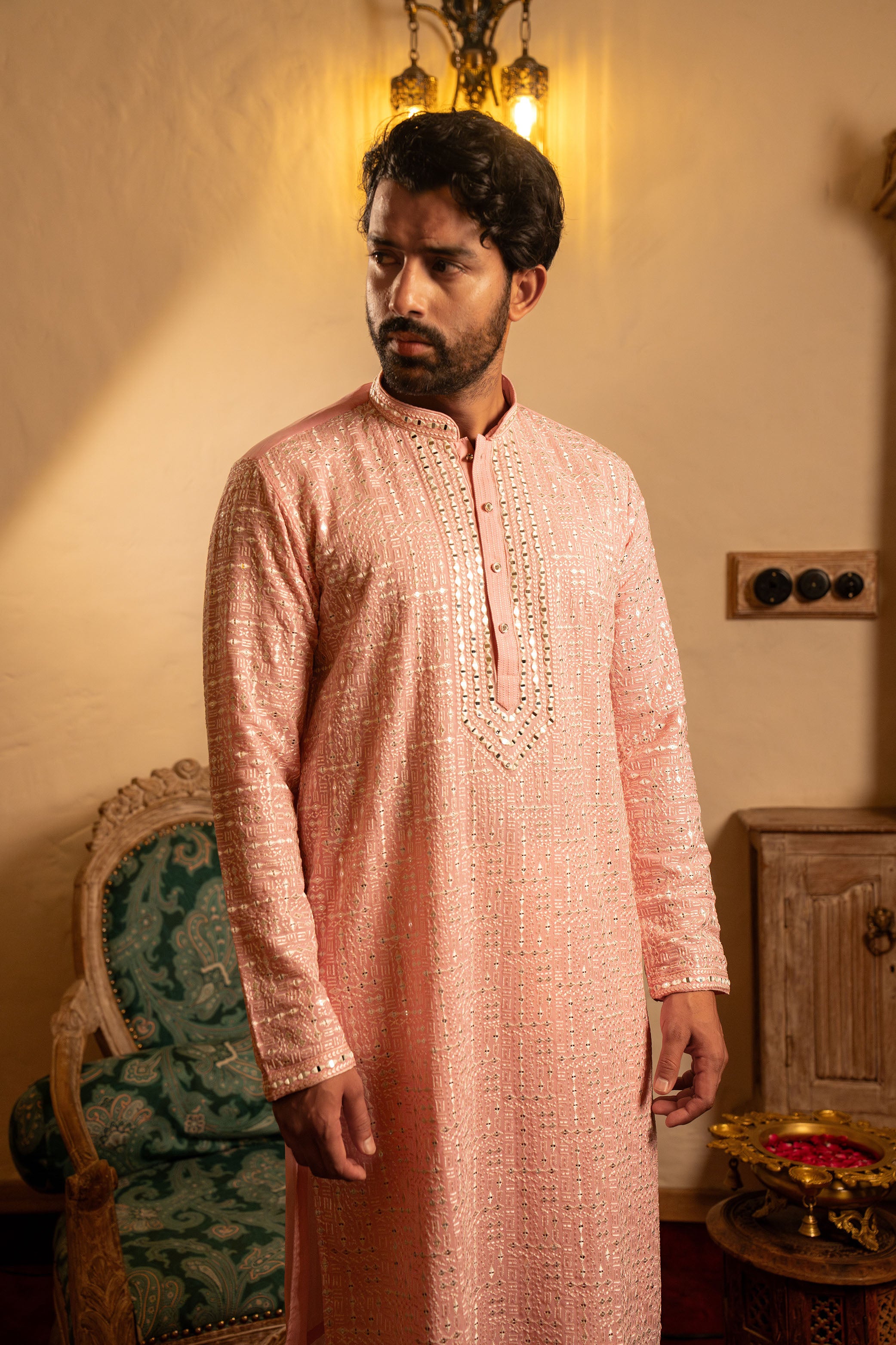 Pastel Pink Georgette Silk Kurta with Mirror Work & Resham Embroidery