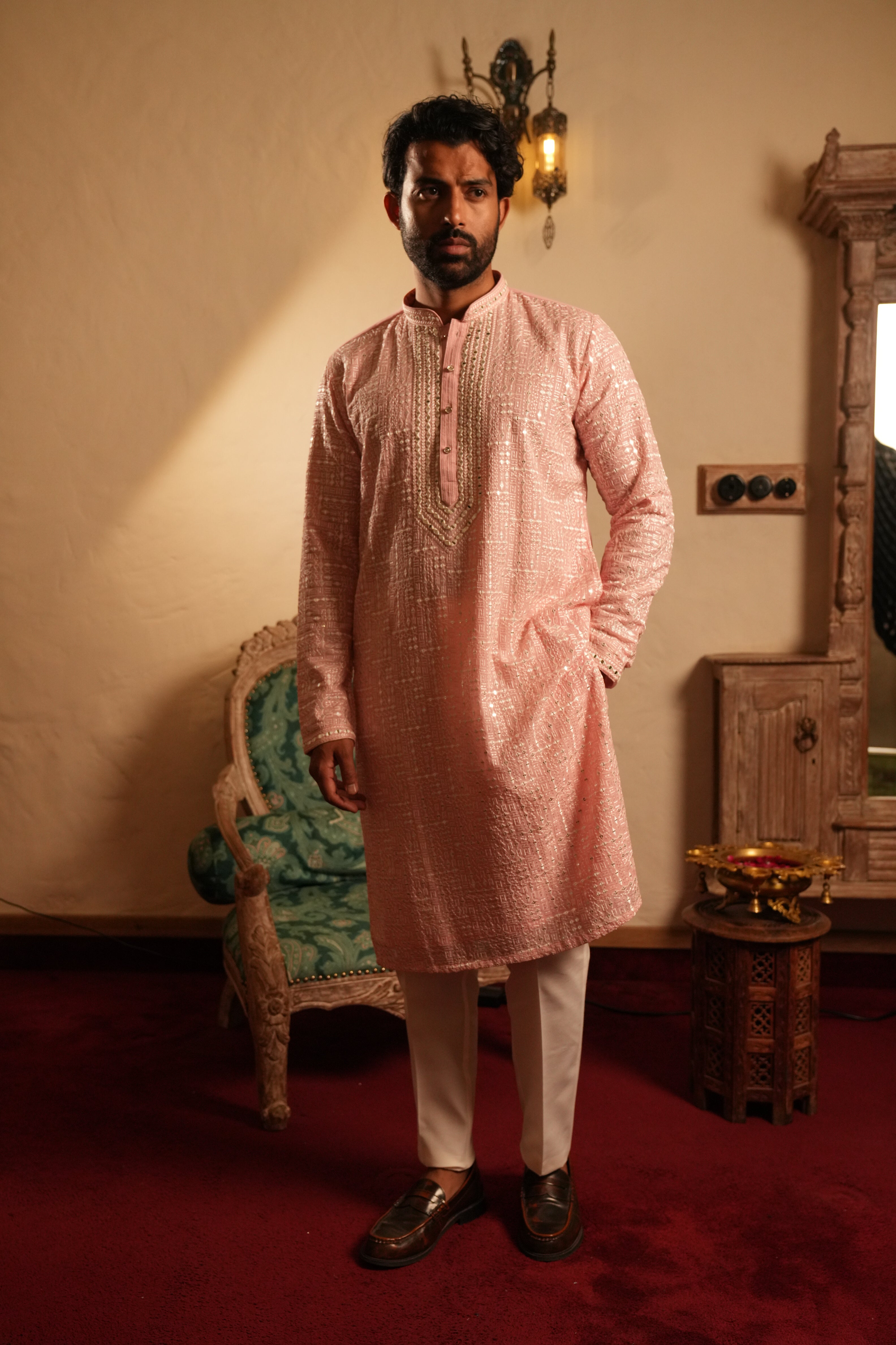 Pastel Pink Georgette Silk Kurta with Mirror Work & Resham Embroidery