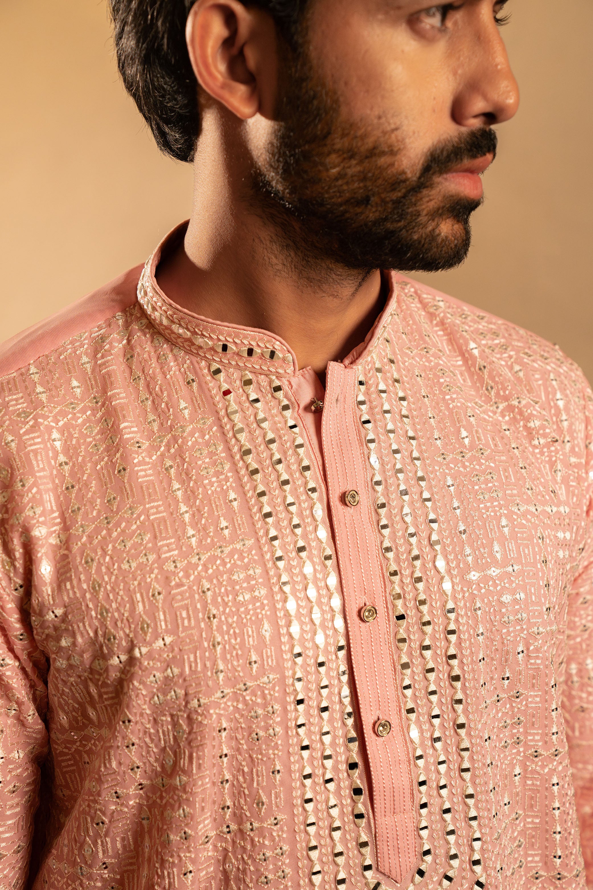 Pastel Pink Georgette Silk Kurta with Mirror Work & Resham Embroidery