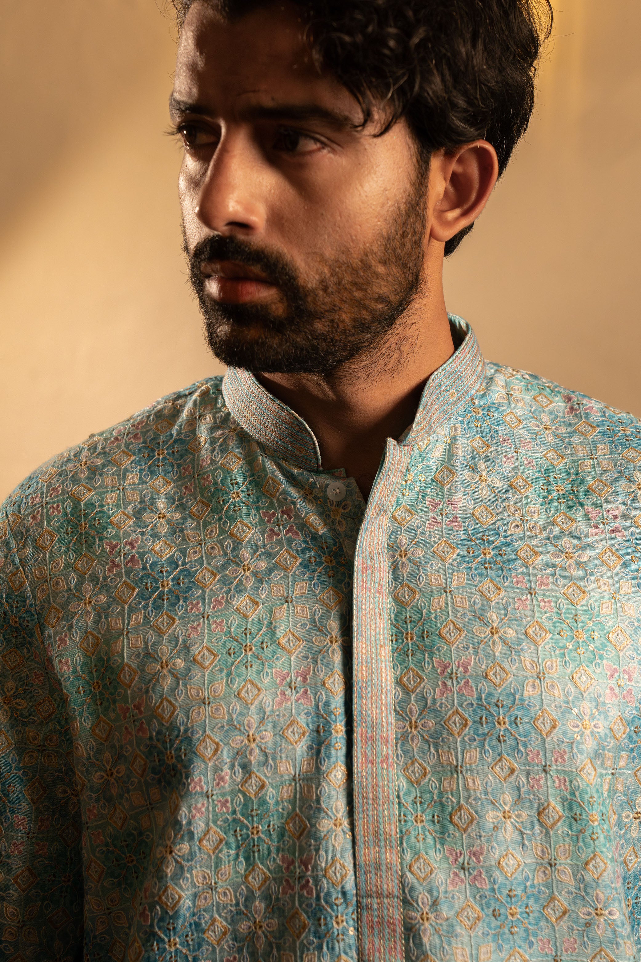 Pastel Blue Pure Silk Kurta with Multicolor Print & Resham Embroidery