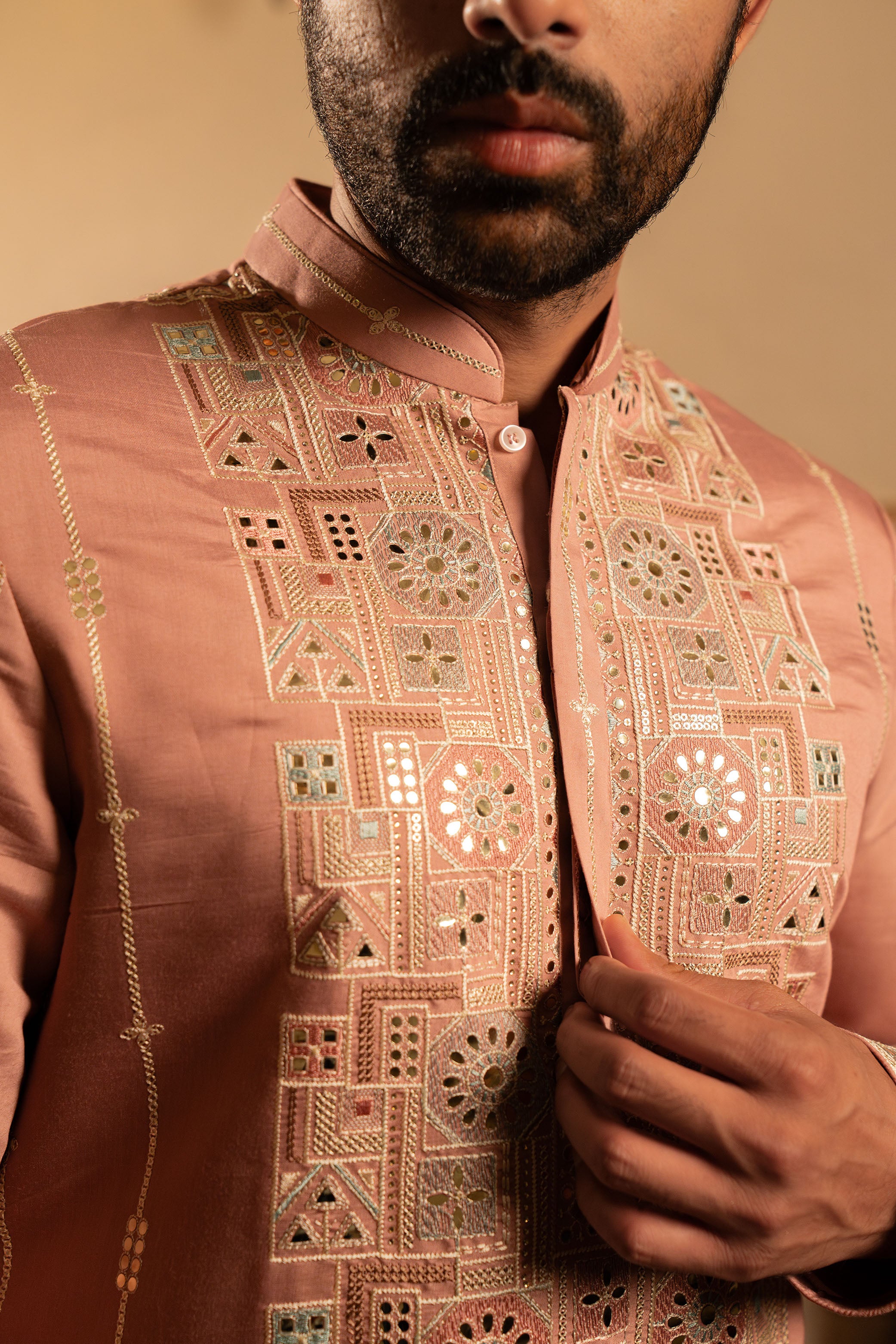Onion Pink Pure Silk Kurta with Mirror Work, Resham & Sequins Embroidery | Shreema