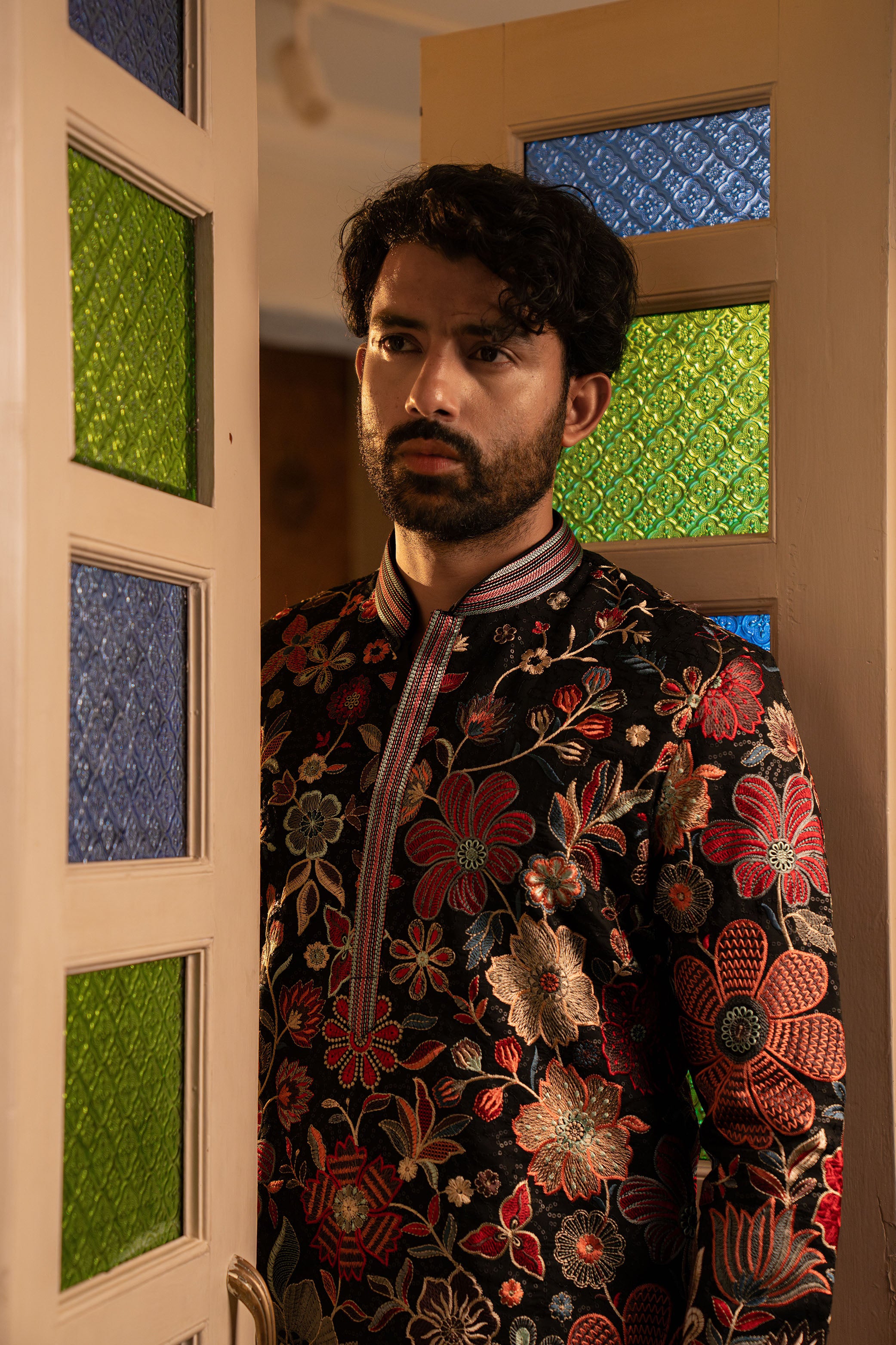 Black Pure Silk Kurta with Multicolor Floral Resham & Sequence Work