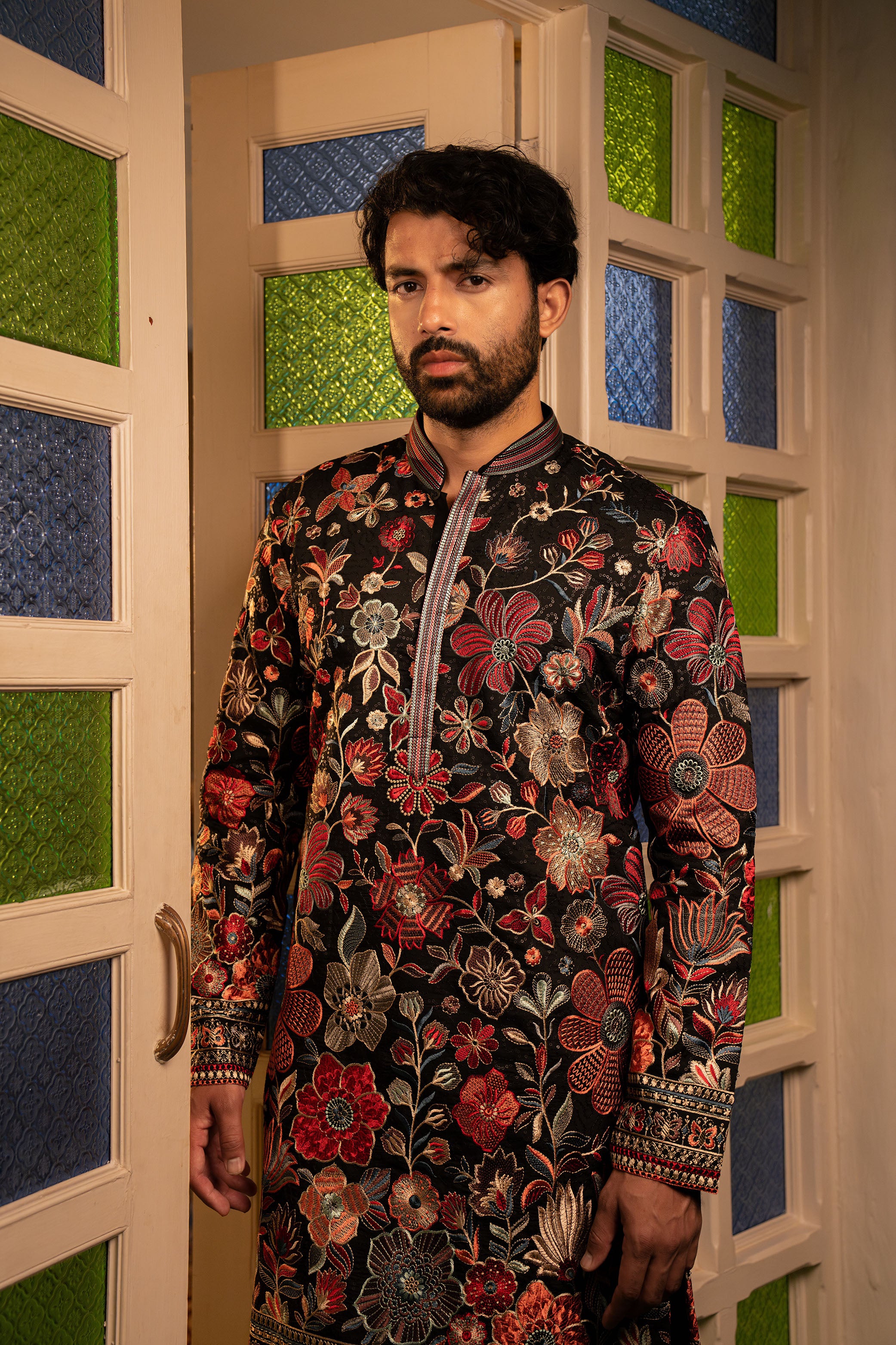Black Pure Silk Kurta with Multicolor Floral Resham & Sequence Work