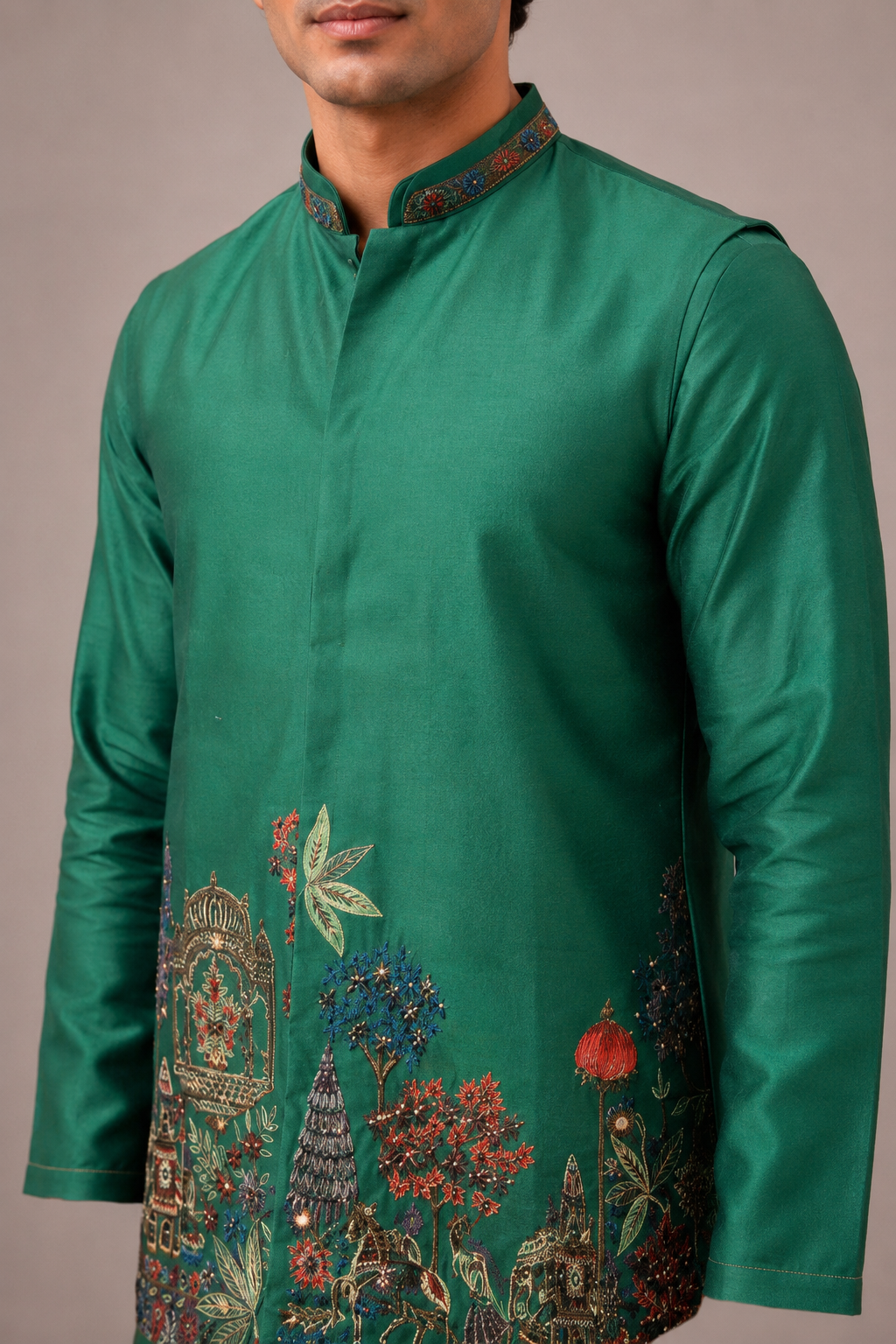 Dark Green Banarasi Silk Jacket Set with Hand Embroidery Work