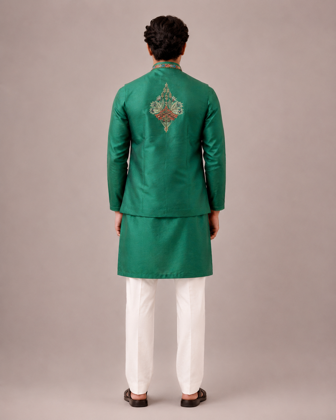 Dark Green Banarasi Silk Jacket Set with Hand Embroidery Work