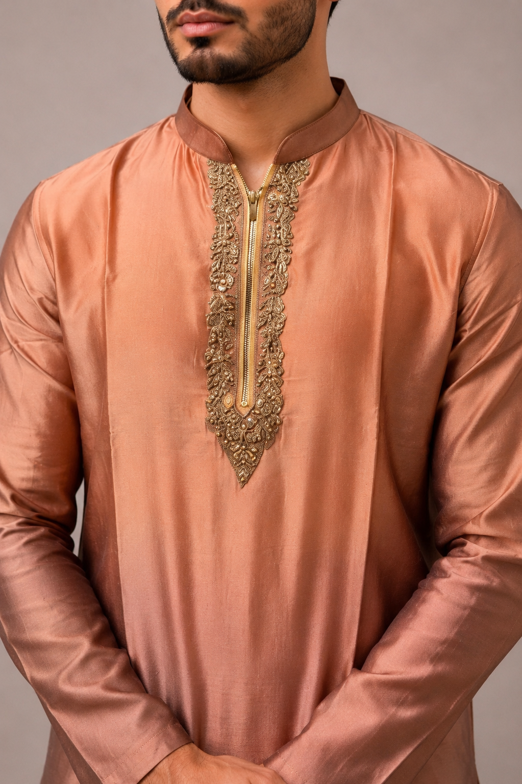 Dark Peach Satin Silk Kurta Set with Hand Embroidery Work