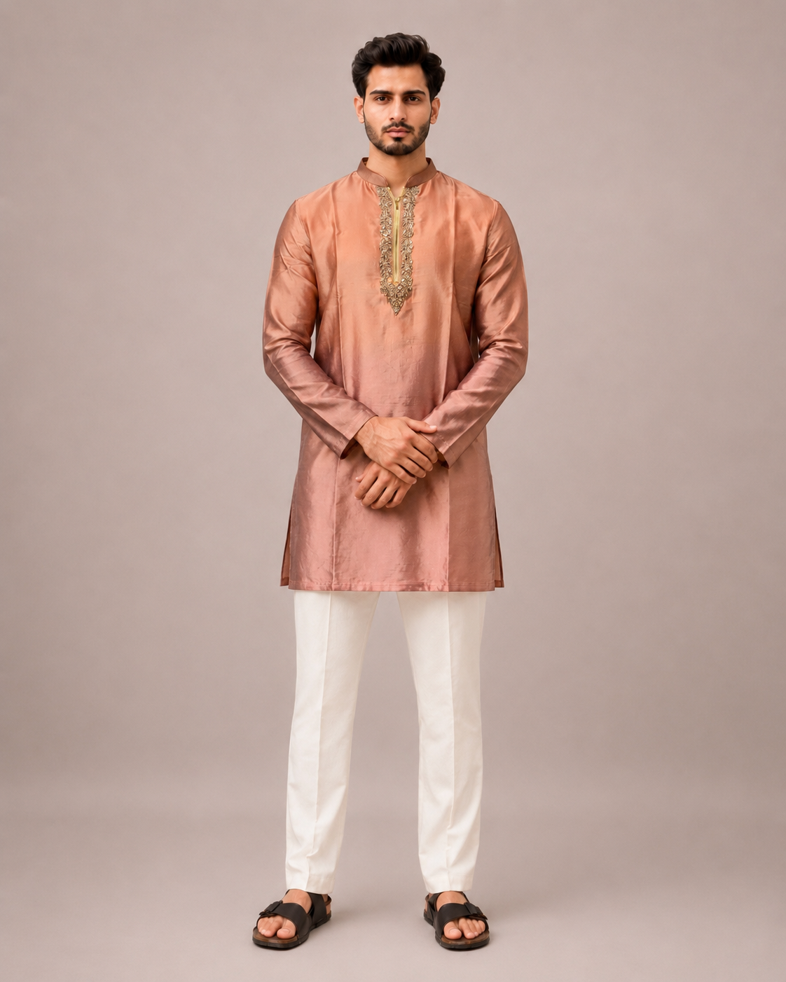 Dark Peach Satin Silk Kurta Set with Hand Embroidery Work