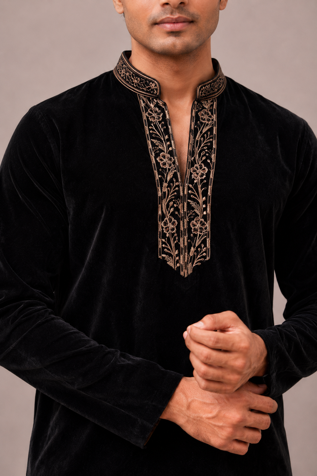 Blue Velvet Kurta Set with V-Neck Machine Embroidery Work