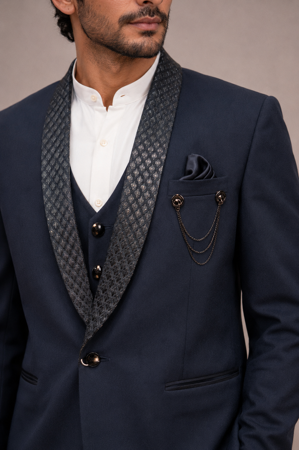 Gray Korean Fabric Tuxedo Suit with Hand Work