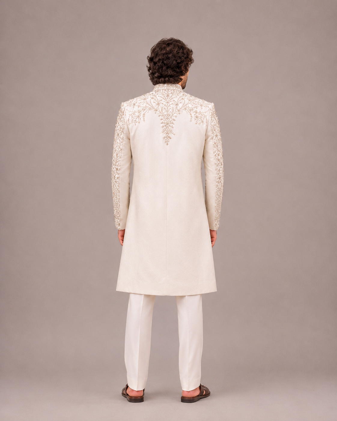 Cream Silk Sherwani with Zardozi Hand Work