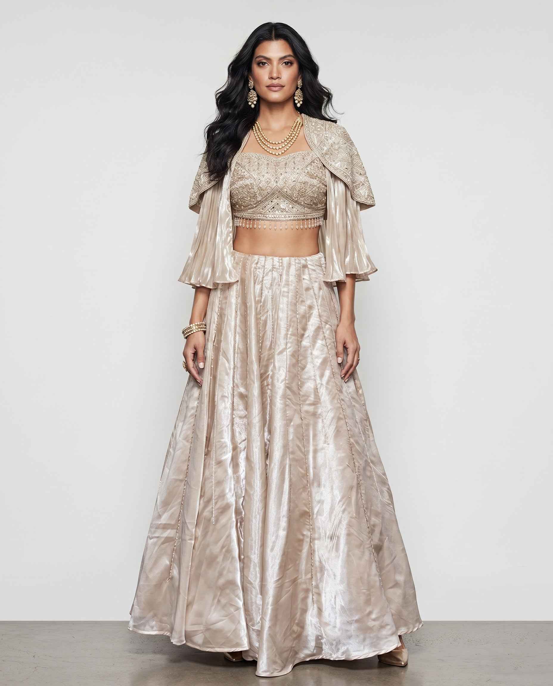 Gold Tissue Silk Indo Western with Pearl Moti Sequence and Hand Work