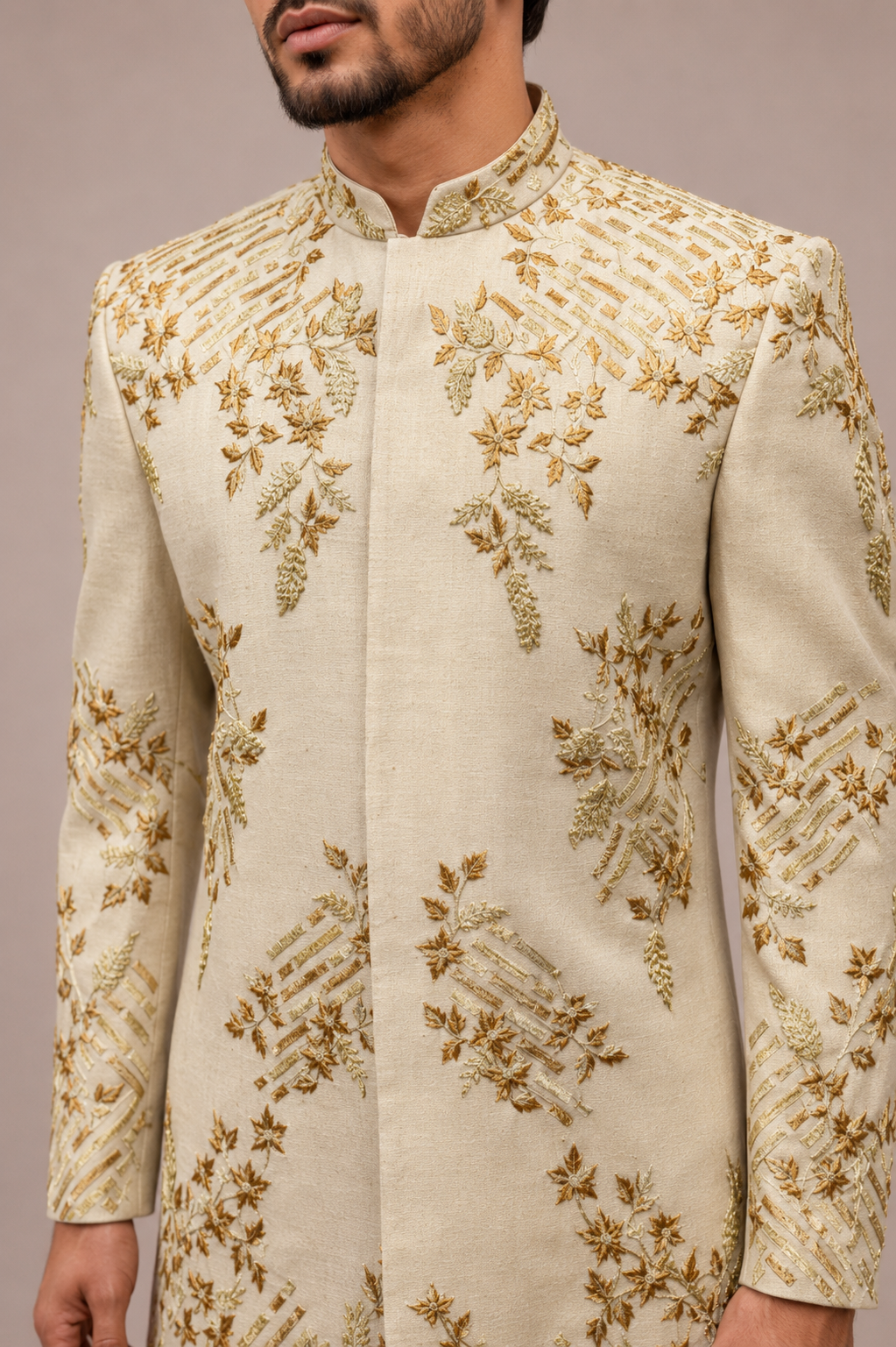 Gold Pure Raw Silk Indo Western for Men with Hand Work