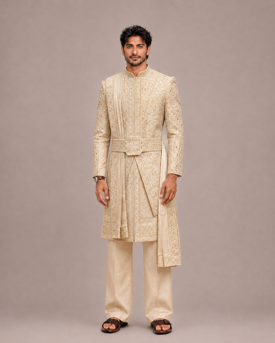Gold Raw Silk Sherwani with Embroidery & Mirror Work
