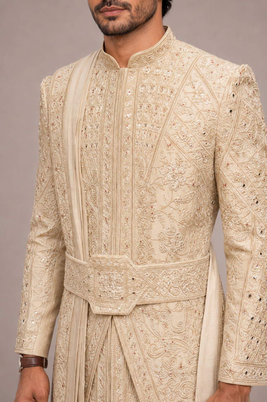 Gold Raw Silk Sherwani with Embroidery & Mirror Work
