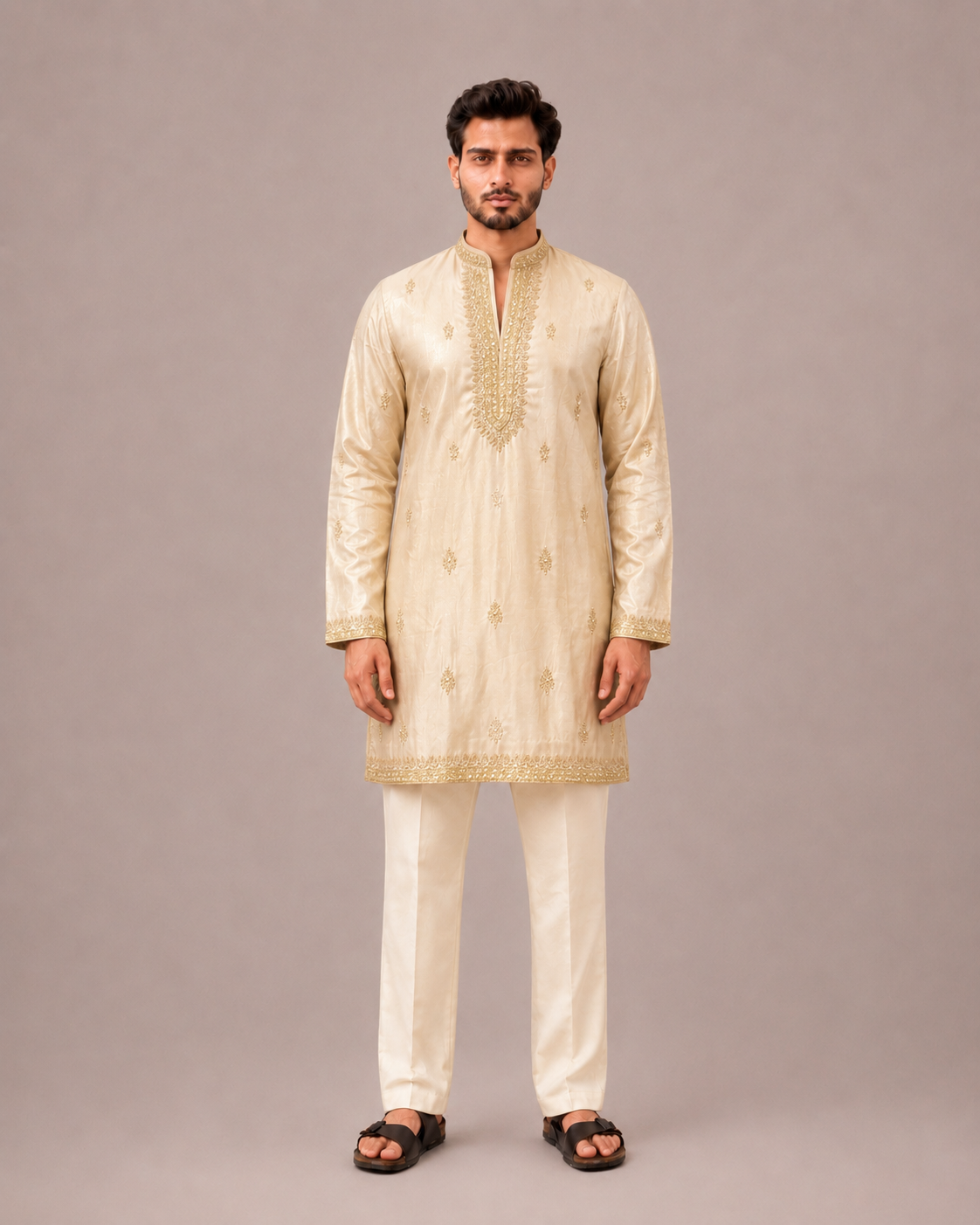 Gold Silk Kurta Set with Hand and Machine Thread Work