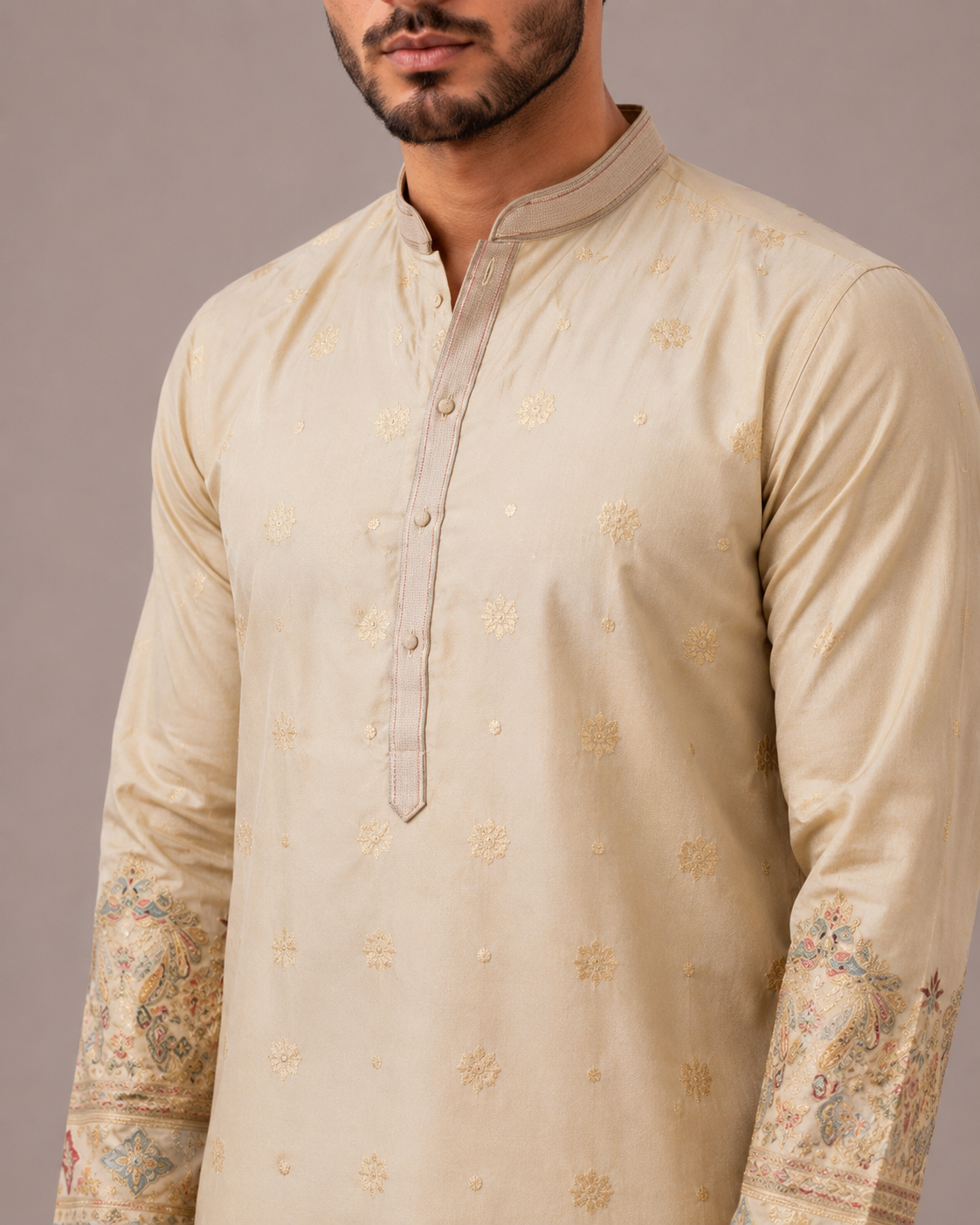 Gold Silk Kurta Set with Resham Thread Computer Embroidery Work