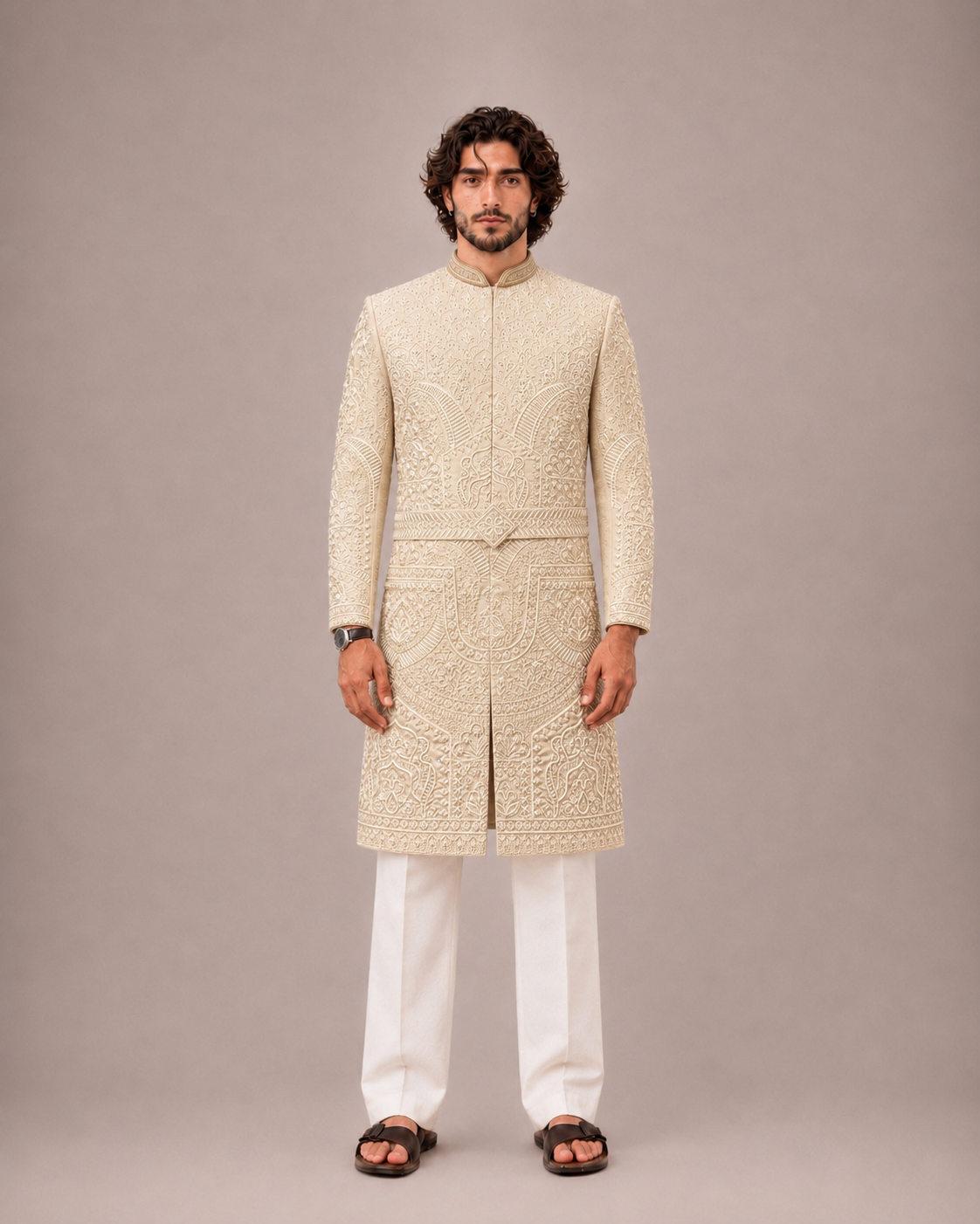 Gold Silk Sherwani for Men with Machine and Hand Work