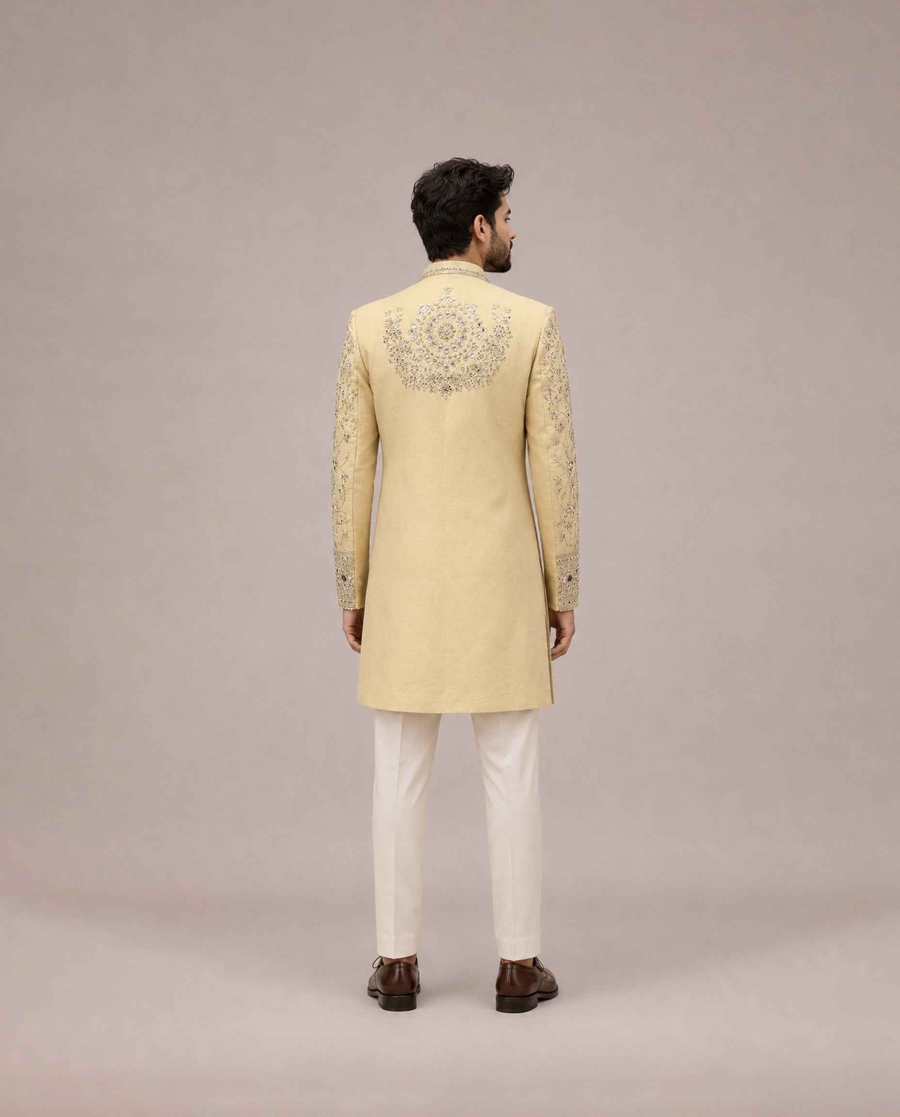 Gold Tissue Silk Indo Western with Tissue Mirror and Embroidery Work