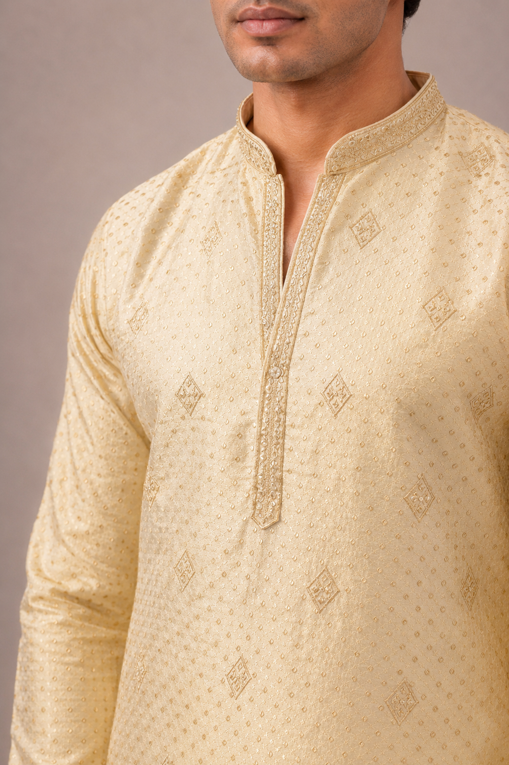 Gold Tissue Silk Kurta Set with Thread Work, Dupatta and Dhoti