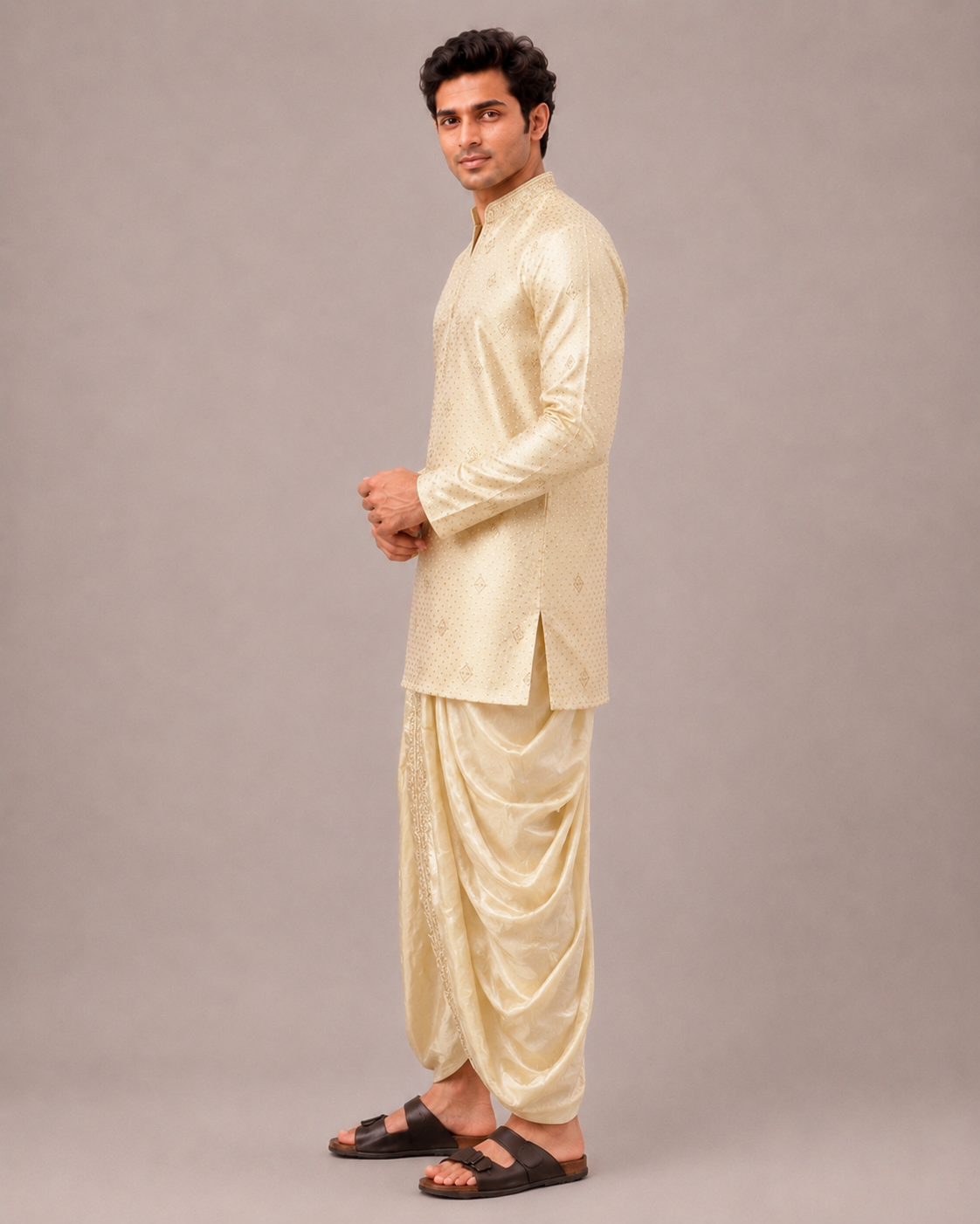 Gold Tissue Silk Kurta Set with Thread Work, Dupatta and Dhoti