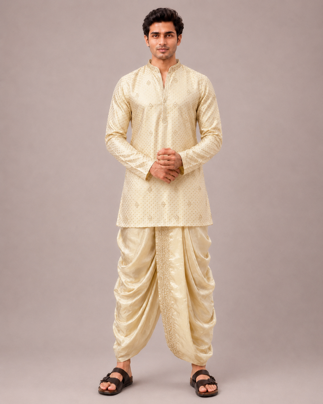 Gold Tissue Silk Kurta Set with Thread Work, Dupatta and Dhoti