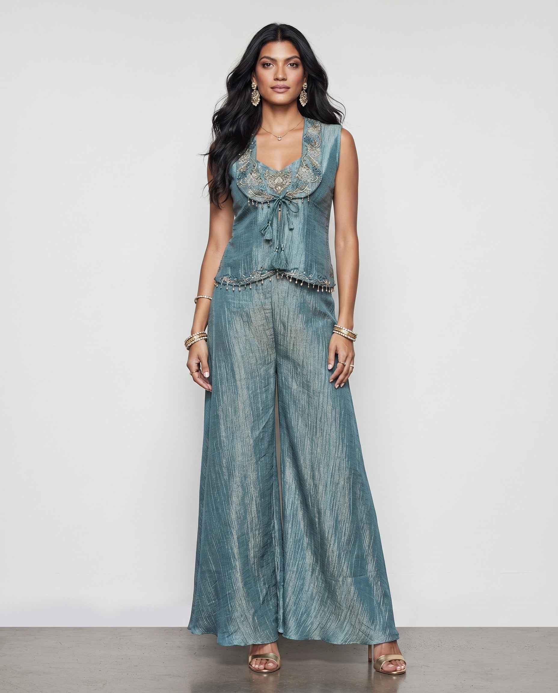 Gray Crush Fabric Indo Western with Mirror Resham Zardozi and Sequence Work