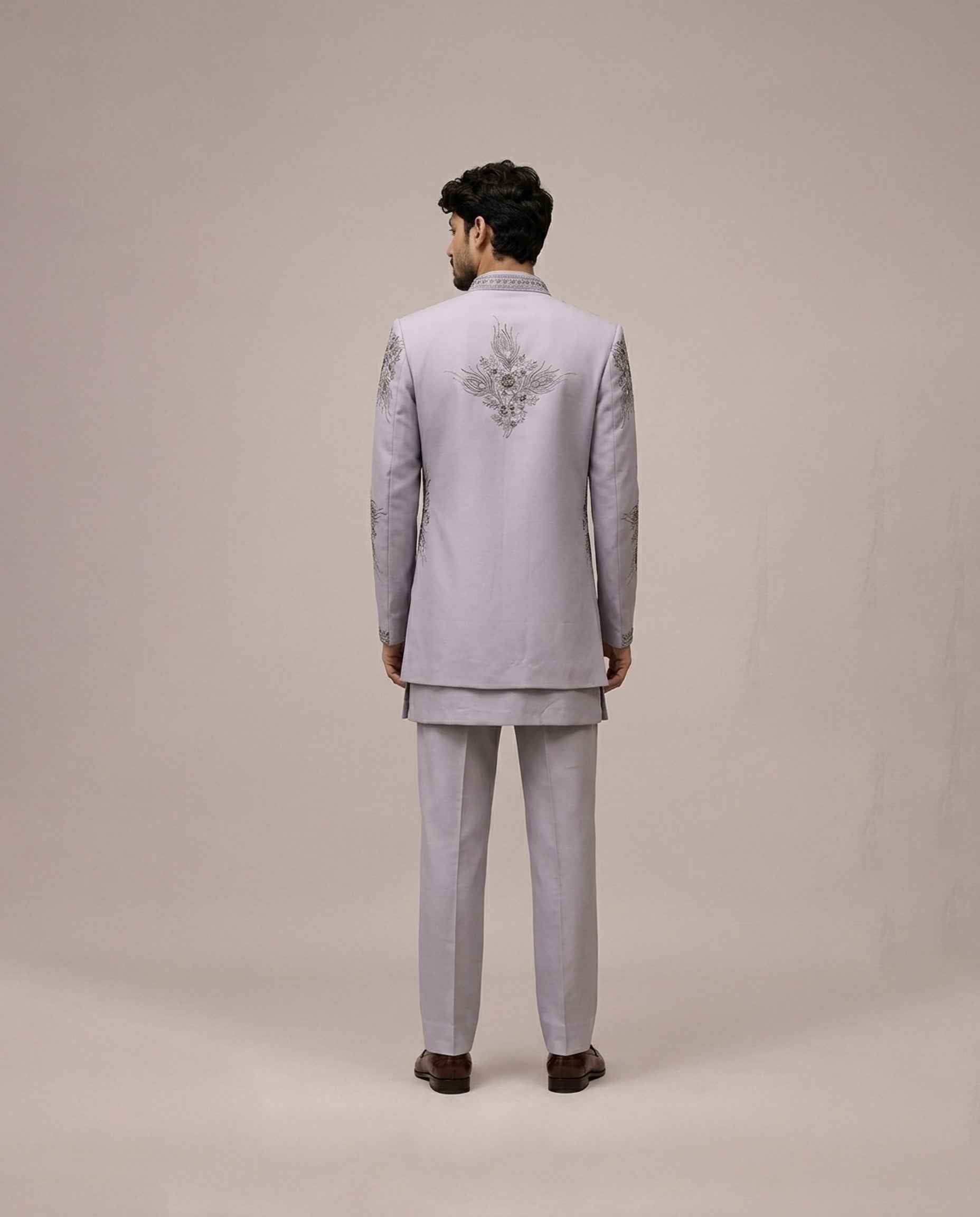 Gray Imported Fabric Indo Western for Men with Machine Work