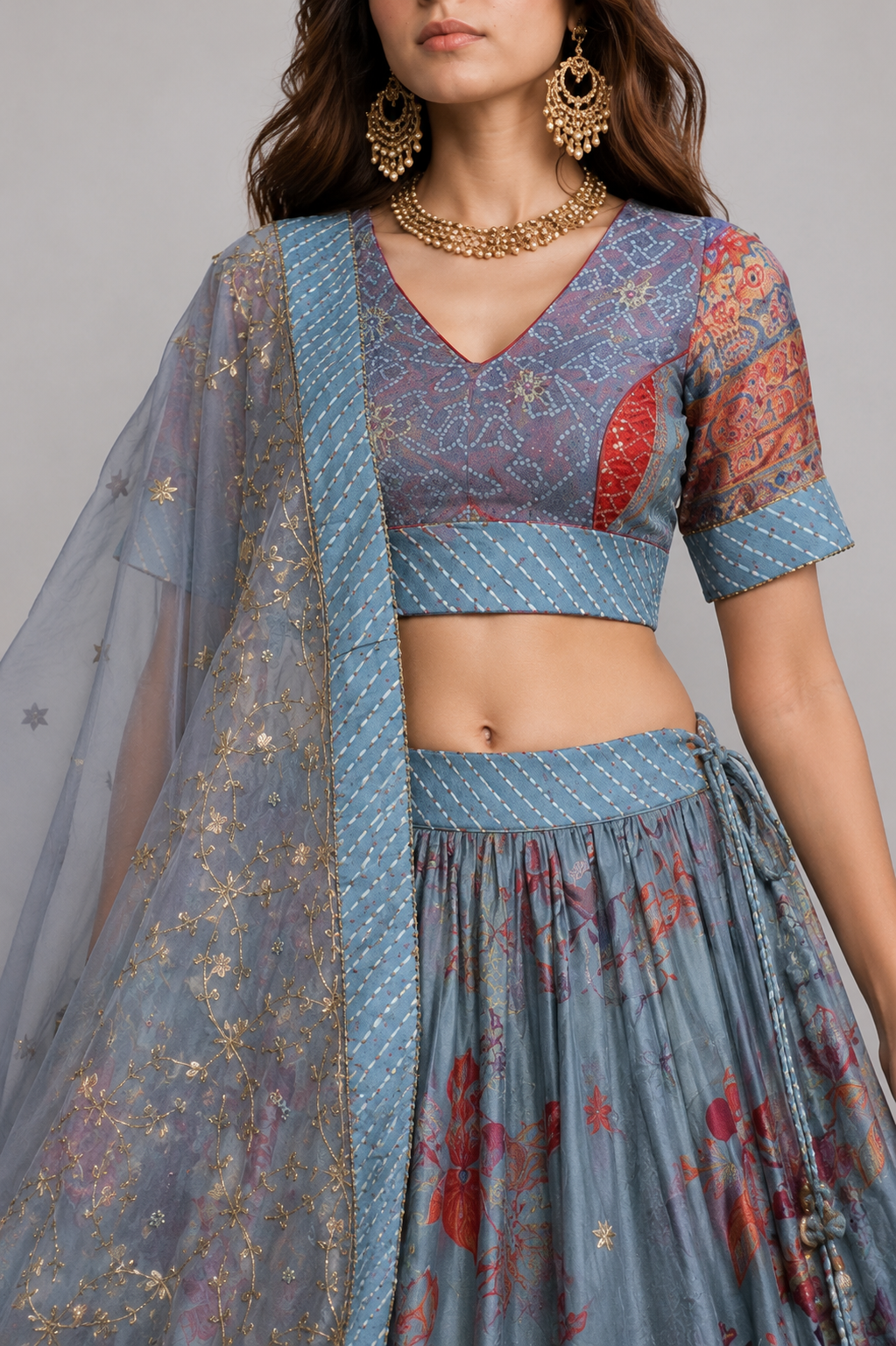 Gray Silk Chaniya Choli with Gota Patti and Bandhani Print Work