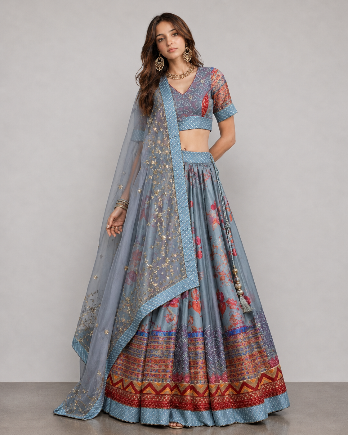 Gray Silk Chaniya Choli with Gota Patti and Bandhani Print Work