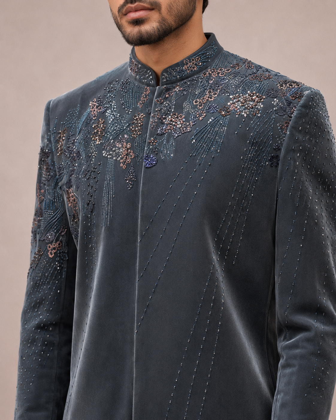 Gray Velvet Indo Western for Men with Hand Work